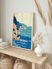 Japanese woodblock print of a coastal landscape with blue ocean, orange cliffs, sea stacks, and small boats. - Image 3