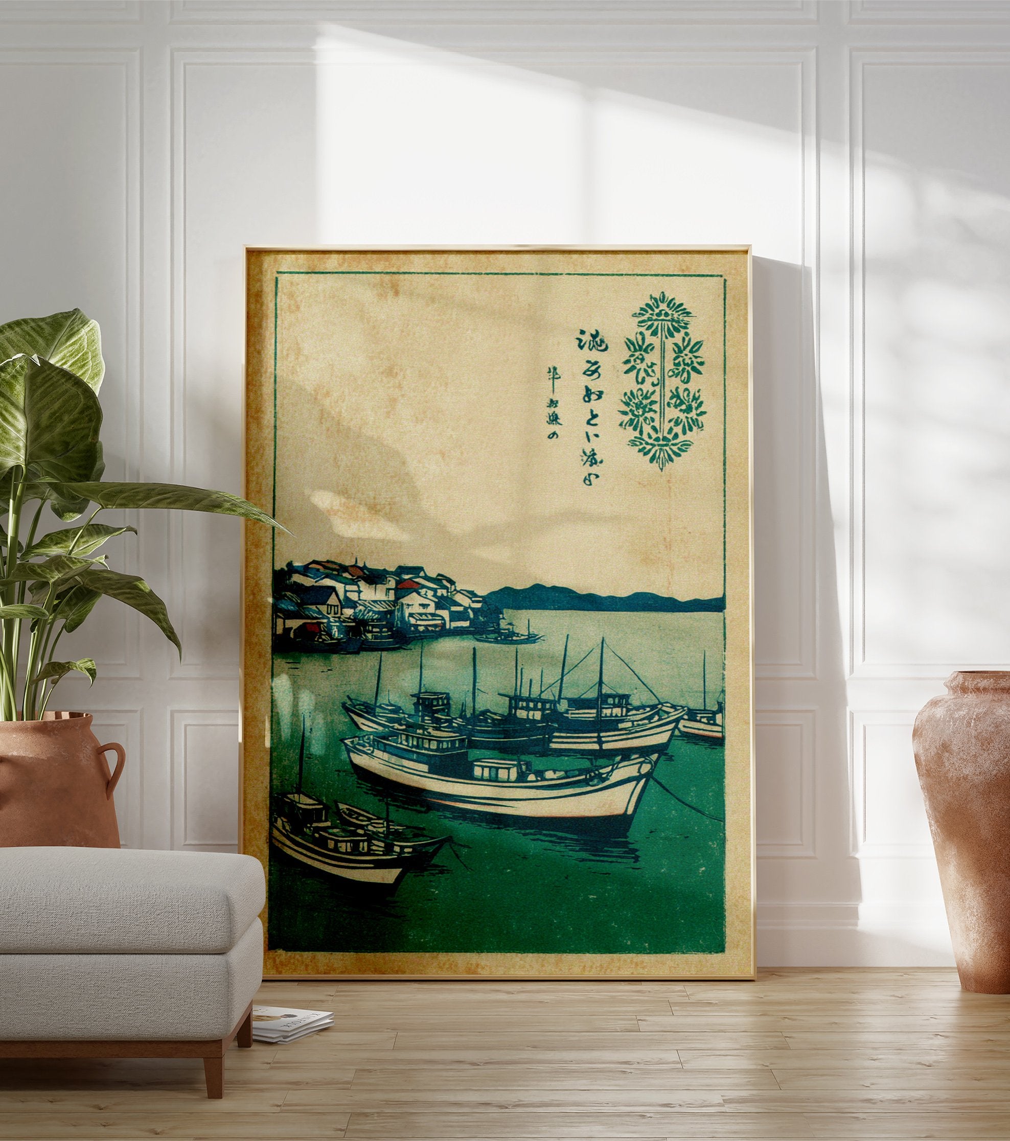 Japanese woodblock print showing a fishing village harbor with boats on green water and a distant mountain. - Image 3