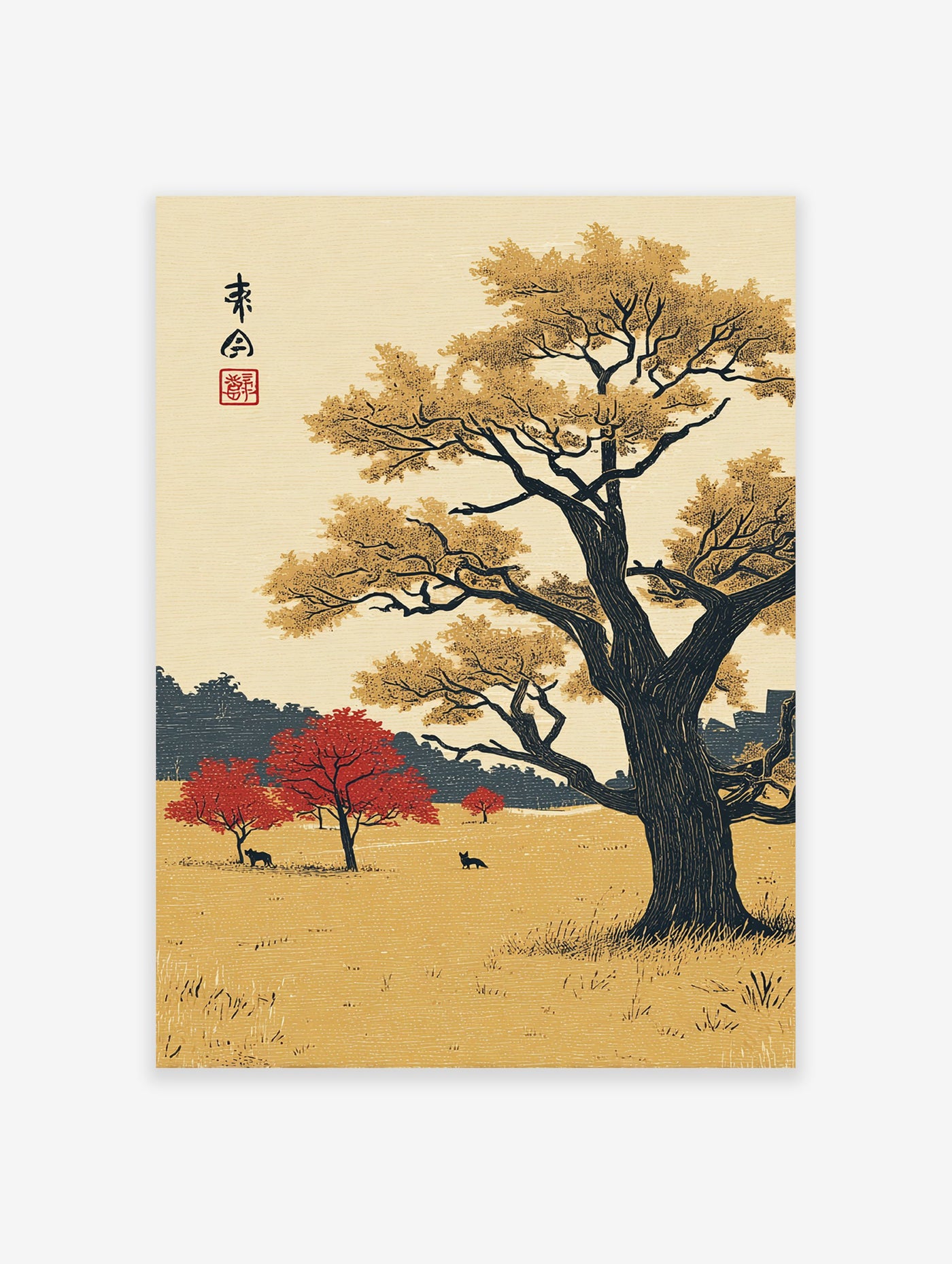 Japanese woodblock print of a golden tree, red maple trees, and deer in a serene landscape with traditional calligraphy.