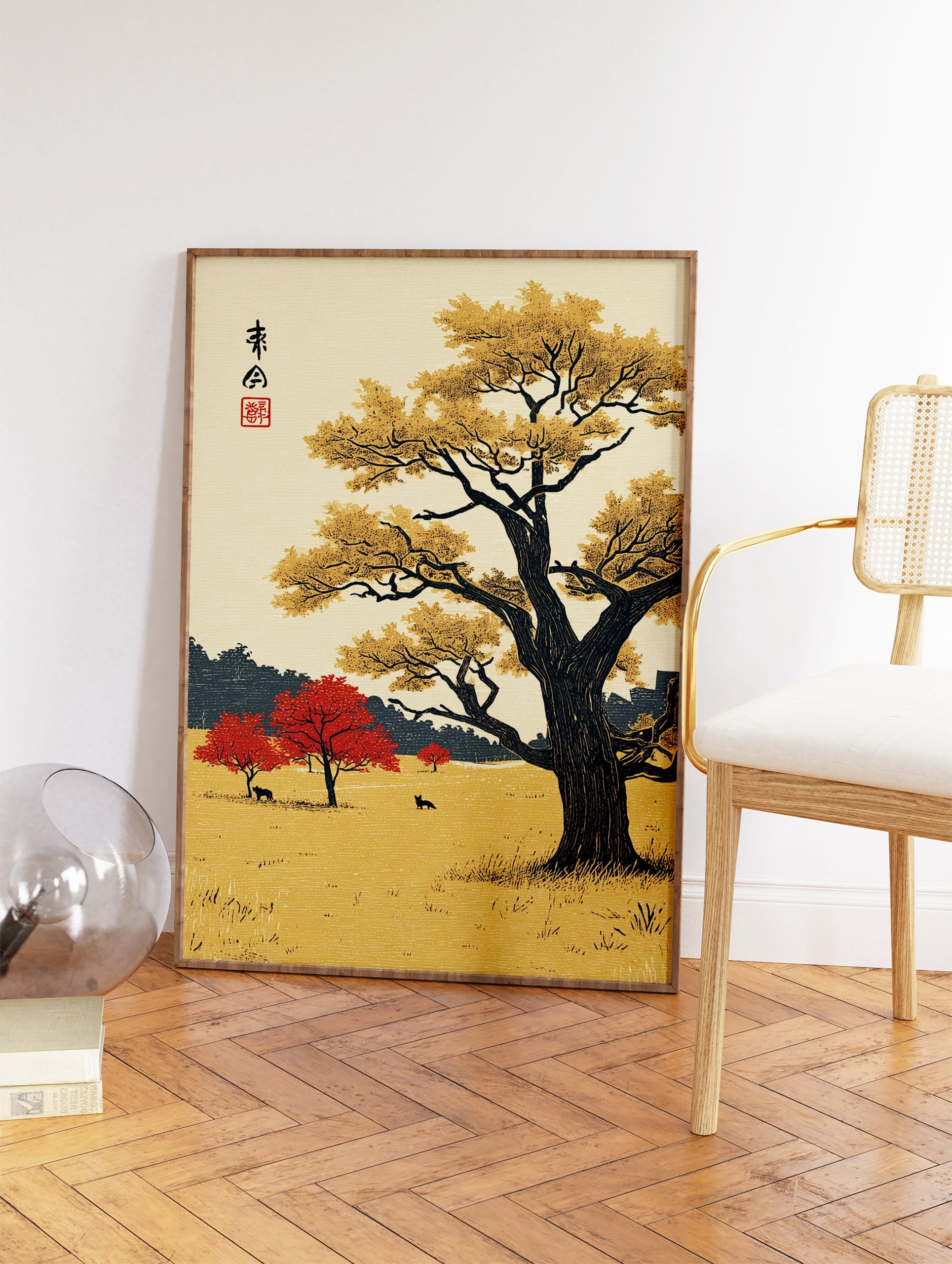 Japanese woodblock print of a golden tree, red maple trees, and deer in a serene landscape with traditional calligraphy. - Image 2