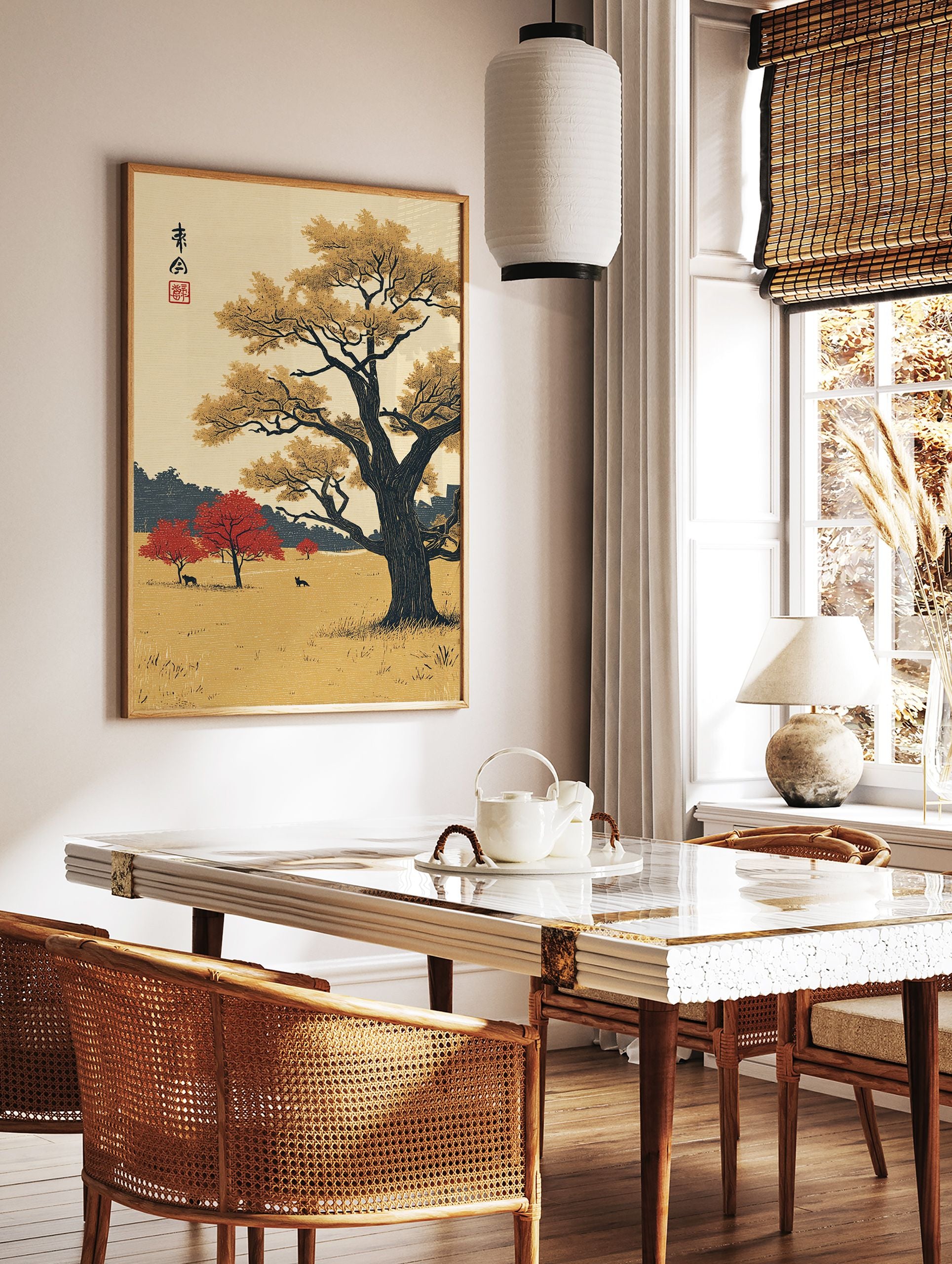 Japanese woodblock print of a golden tree, red maple trees, and deer in a serene landscape with traditional calligraphy. - Image 3