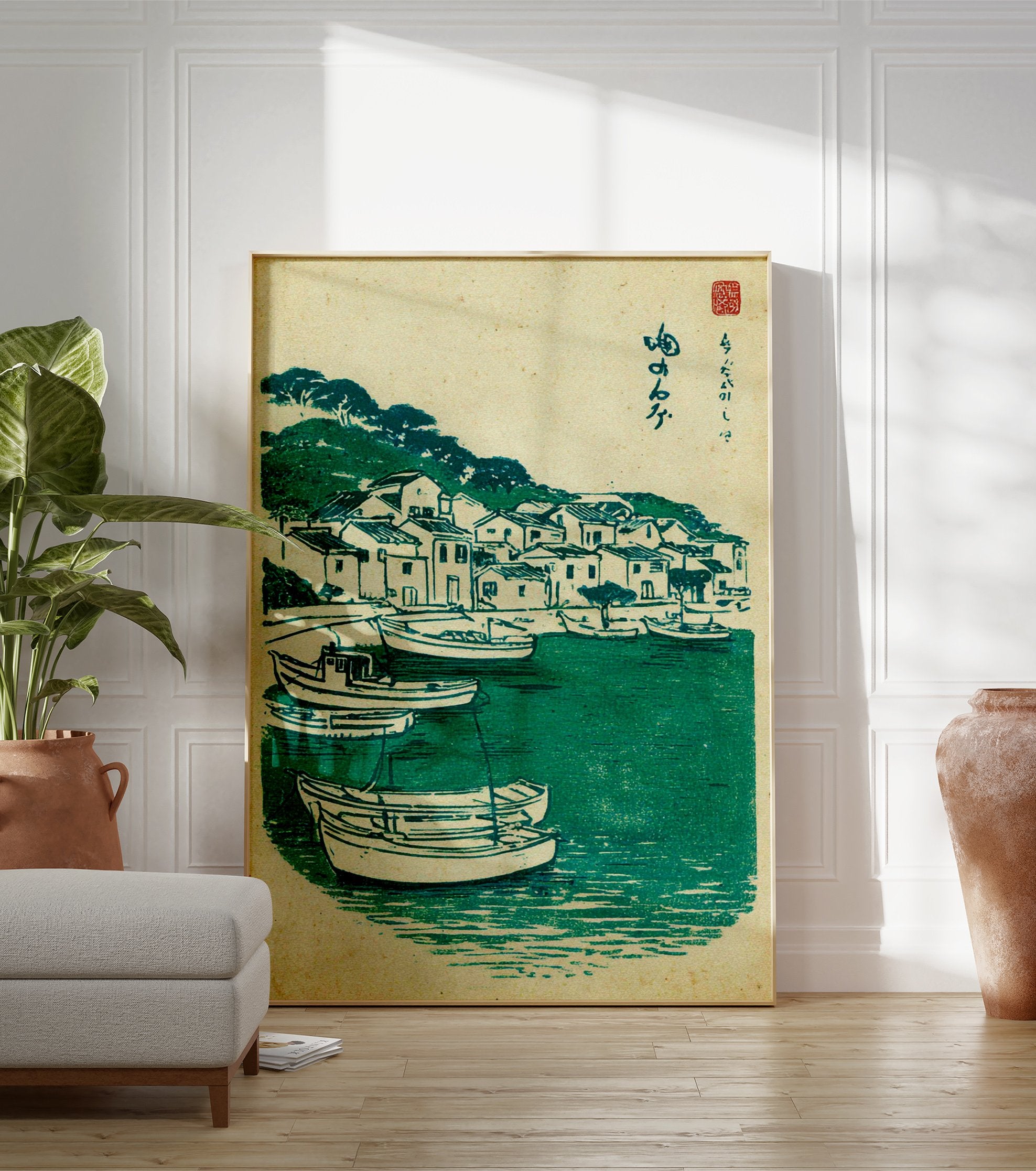 Vintage Japanese woodblock print of a green coastal fishing village with boats in the water and houses on a hill. - Image 3