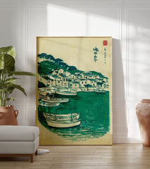 Vintage Japanese woodblock print of a green coastal fishing village with boats in the water and houses on a hill. - Image 3