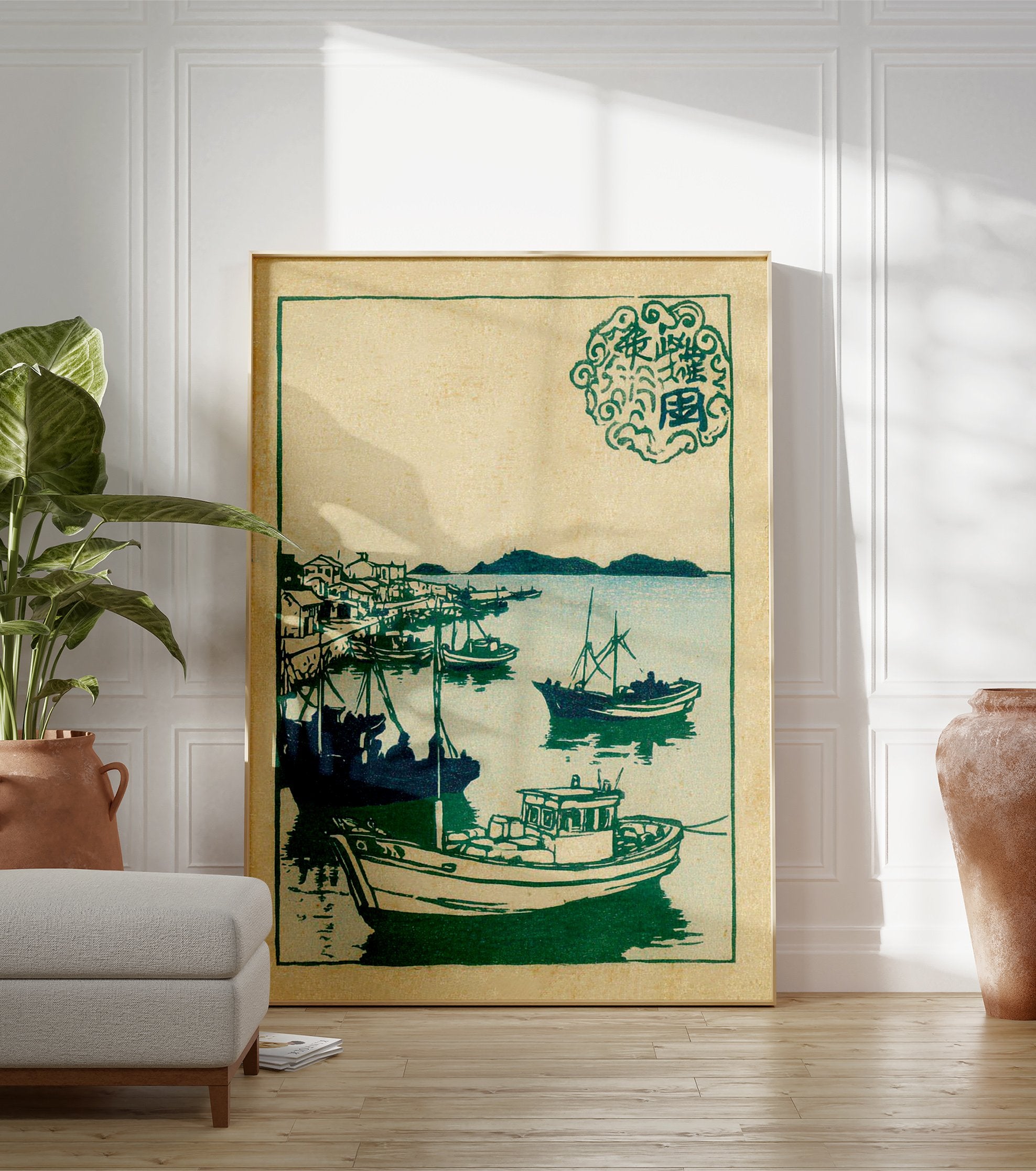 Japanese woodblock print showing a green harbor scene with fishing boats, coastal buildings, and hills. - Image 3