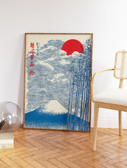 Japanese woodblock print featuring Mount Fuji, a red sun, and blue bamboo trees against a sky of stylized waves. - Image 2