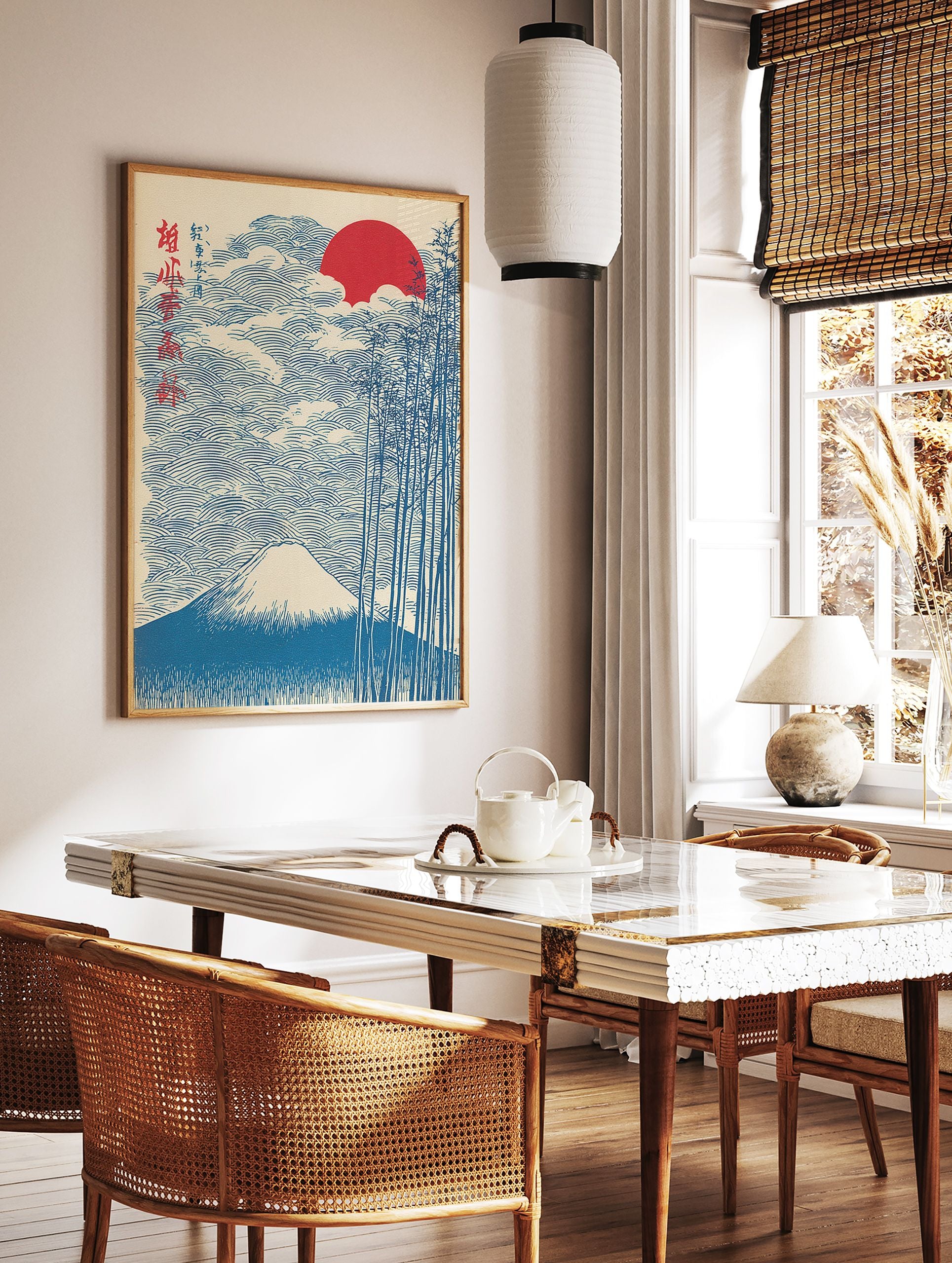 Japanese woodblock print featuring Mount Fuji, a red sun, and blue bamboo trees against a sky of stylized waves. - Image 3