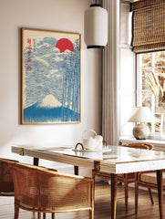Japanese woodblock print featuring Mount Fuji, a red sun, and blue bamboo trees against a sky of stylized waves. - Image 3