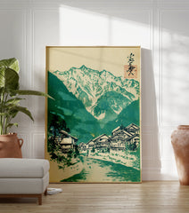 Japanese woodblock print of a mountain village with traditional houses by a river and snow-capped peaks. - Image 3