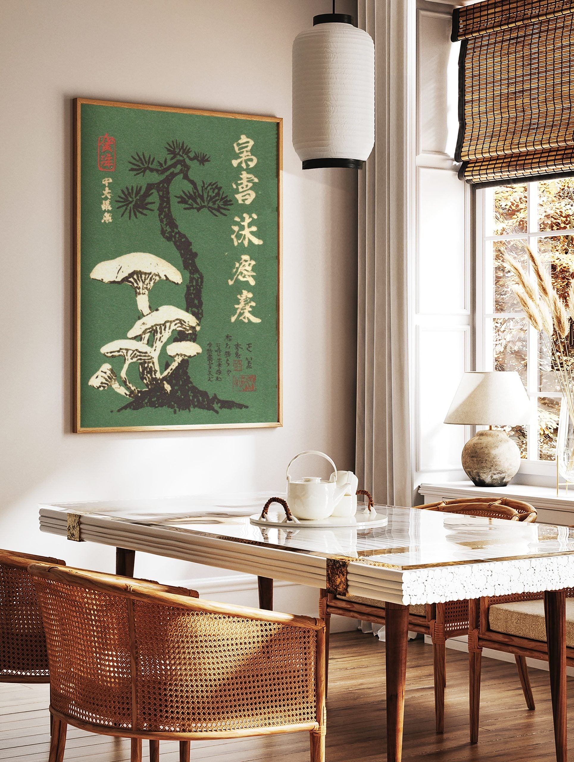 Japanese woodblock print showing white mushrooms on a dark pine tree trunk against a deep green, in a styled room mockup