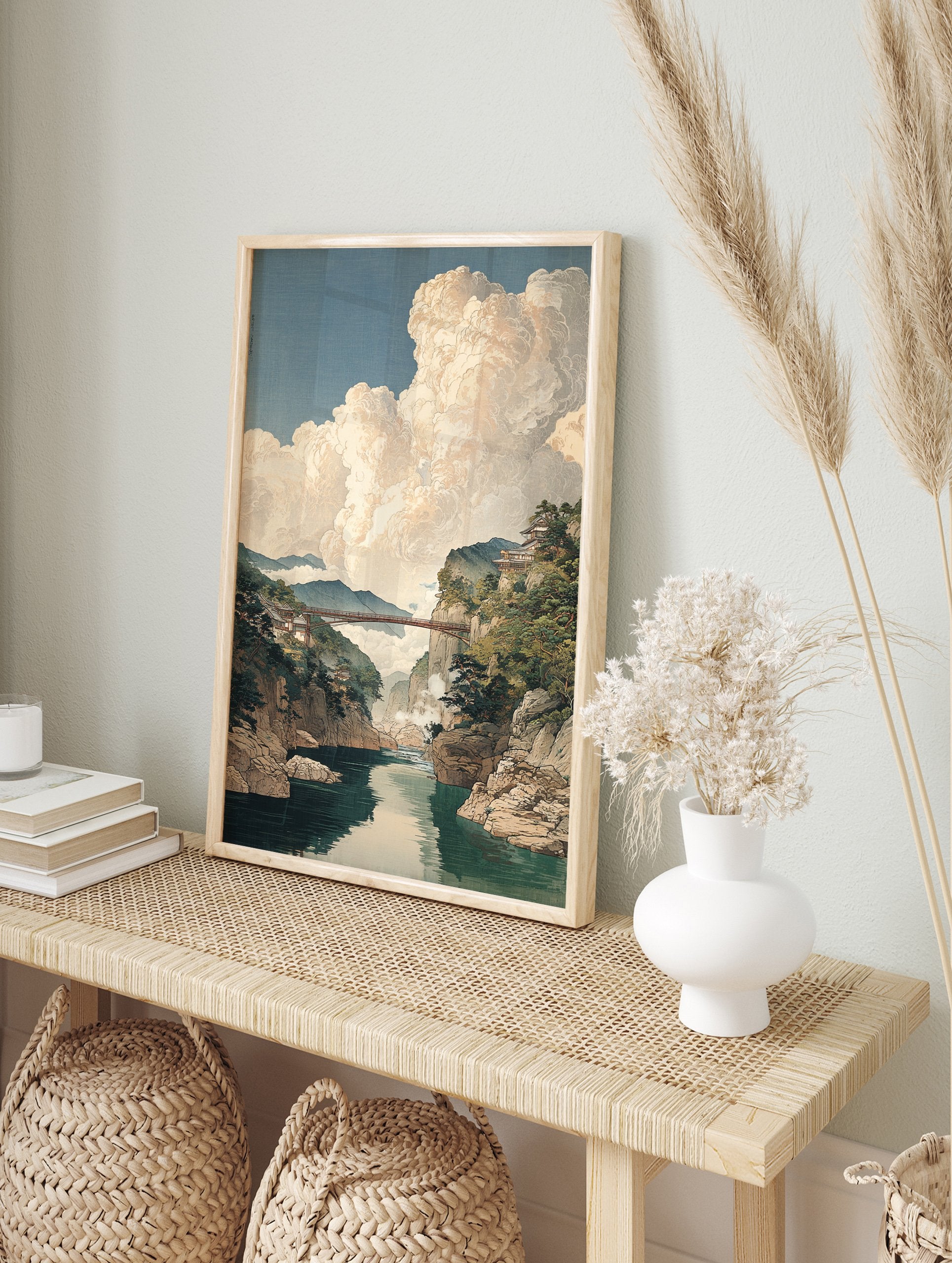 Japanese woodblock print of a river flowing through a gorge, with a red bridge connecting cliffs under a cloudy sky. - Image 3