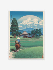 Traditional Japanese woodblock print of a horse rider in rice paddies with a village, mountains, and large moon/sun.
