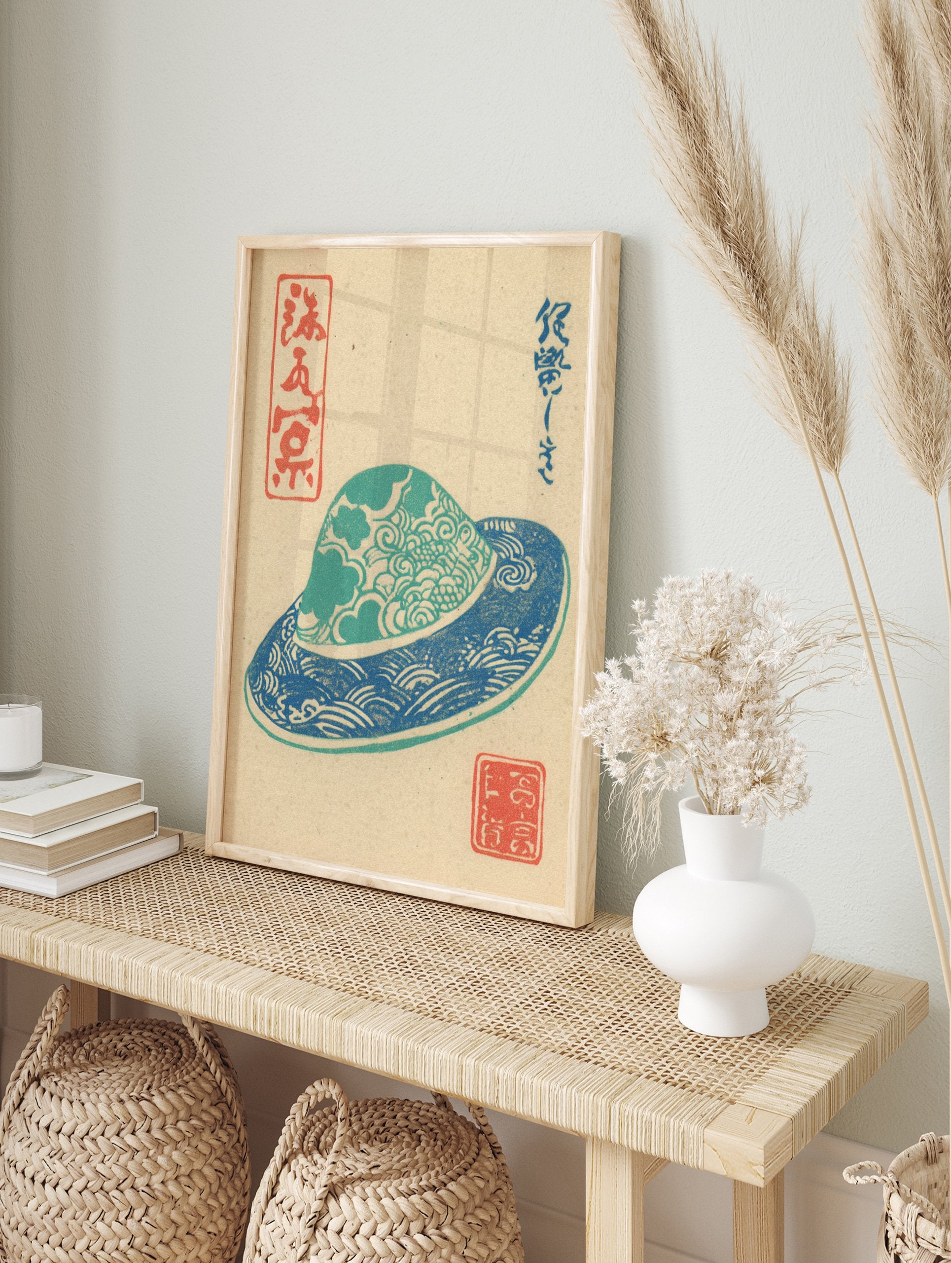 Traditional Japanese Woodblock Print depicting a blue and teal patterned hat with cultural characters on a beige background. - Image 3