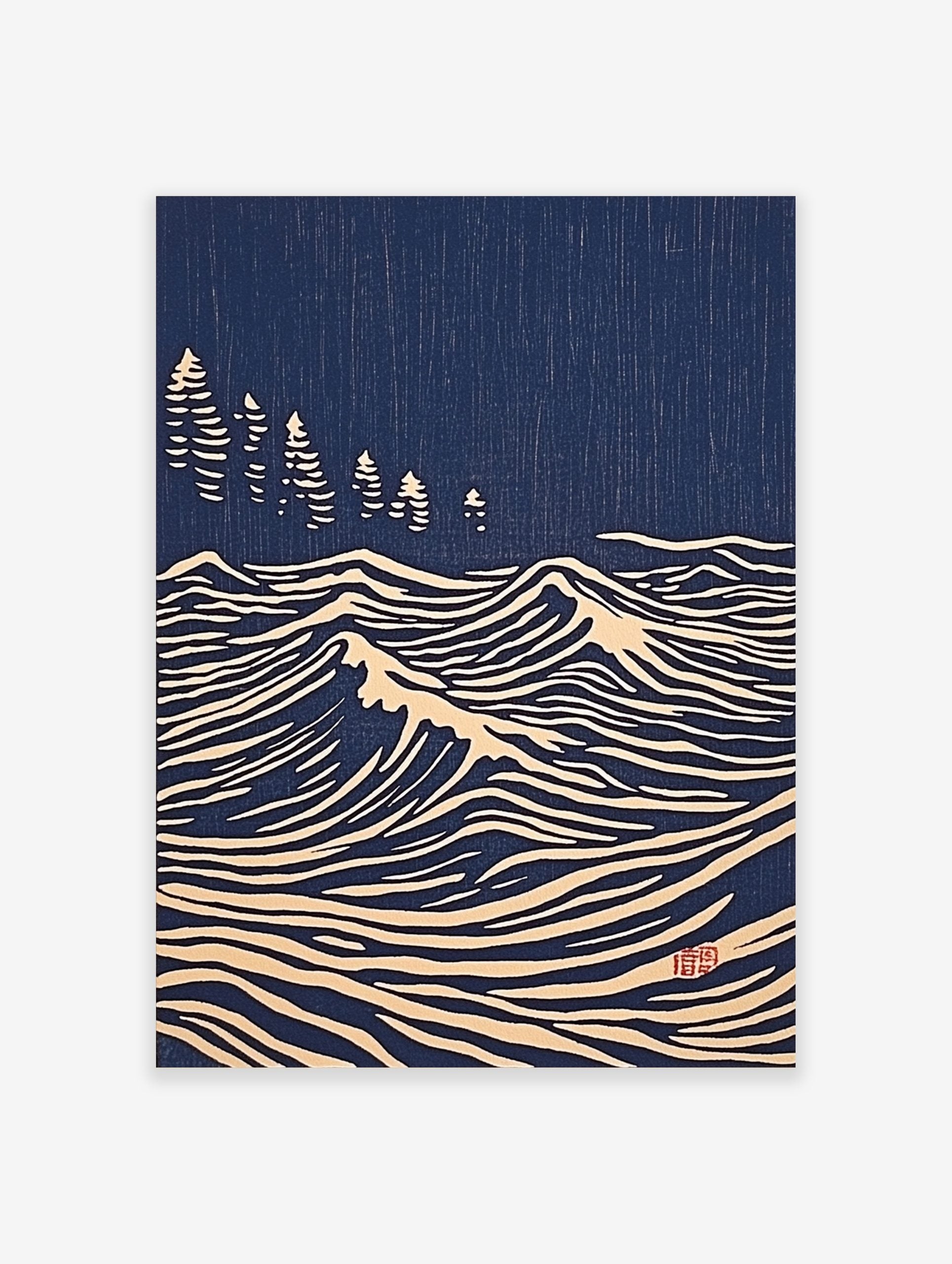 Japanese woodblock print style art with white stylised ocean waves and pine trees on a deep blue background