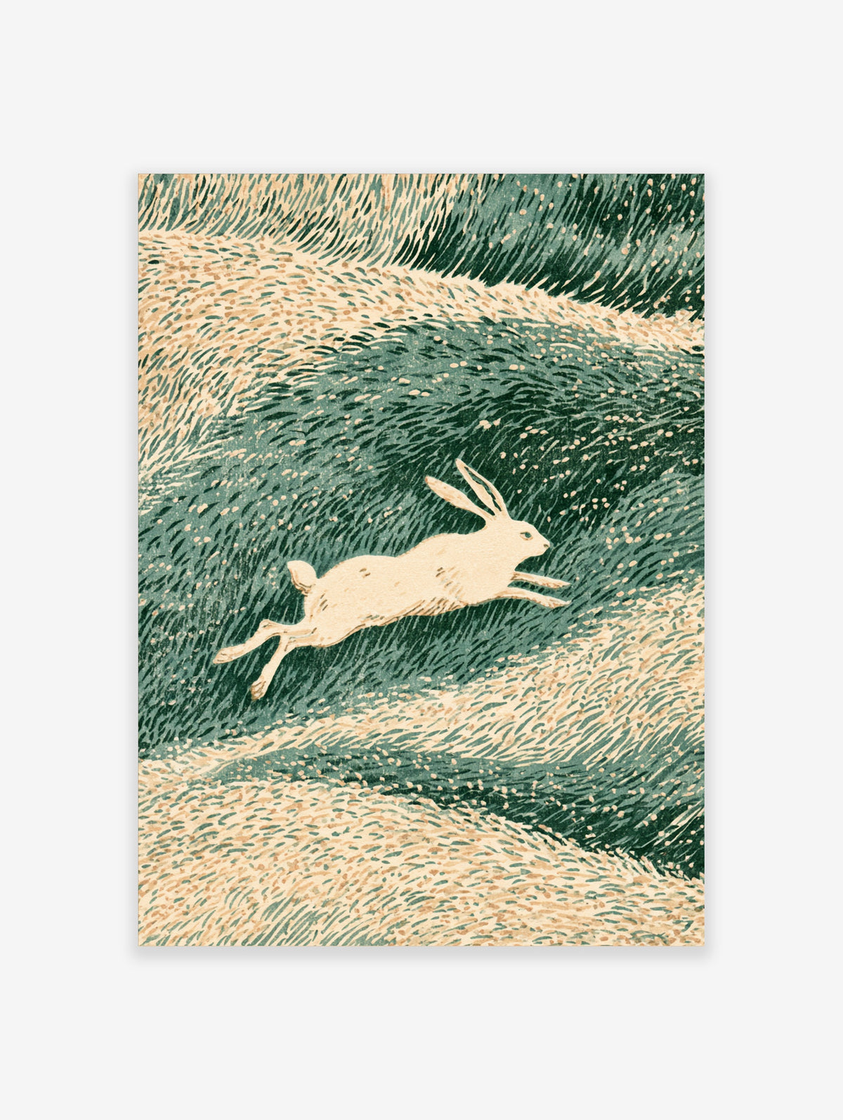 Japanese woodblock rabbit print of a running white hare leaping across swirling green and cream wave patterns