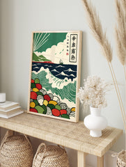Japanese woodblock seascape print with green waves, sailboat, mountains, sun rays, and, in an alternate framed mockup