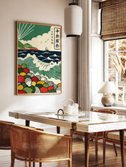 Japanese woodblock seascape print with green waves, sailboat, mountains, sun rays, and colourful, in a styled room mockup