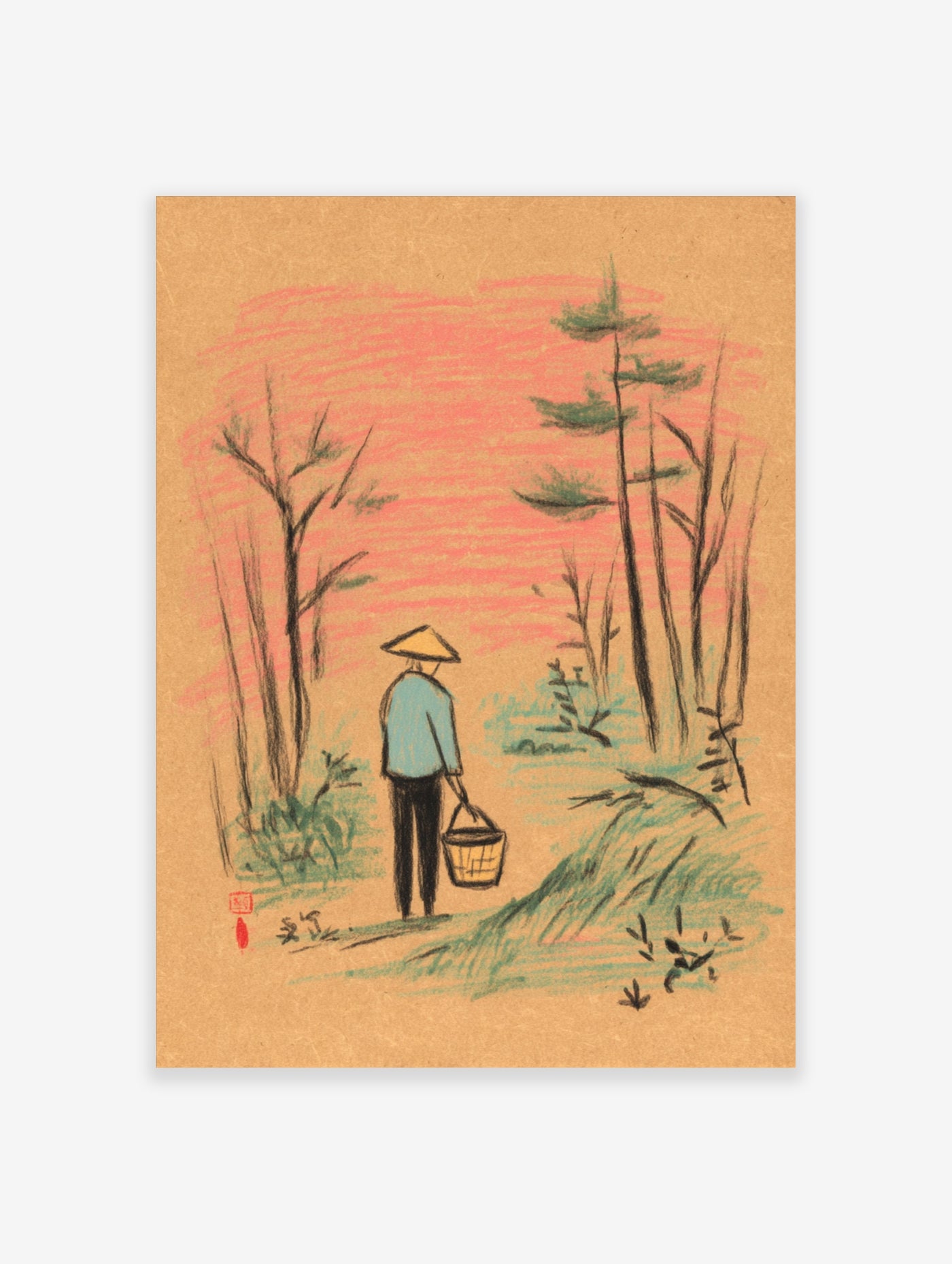 Japanese woodblock style print of figure with basket in forest, pink sky, green trees