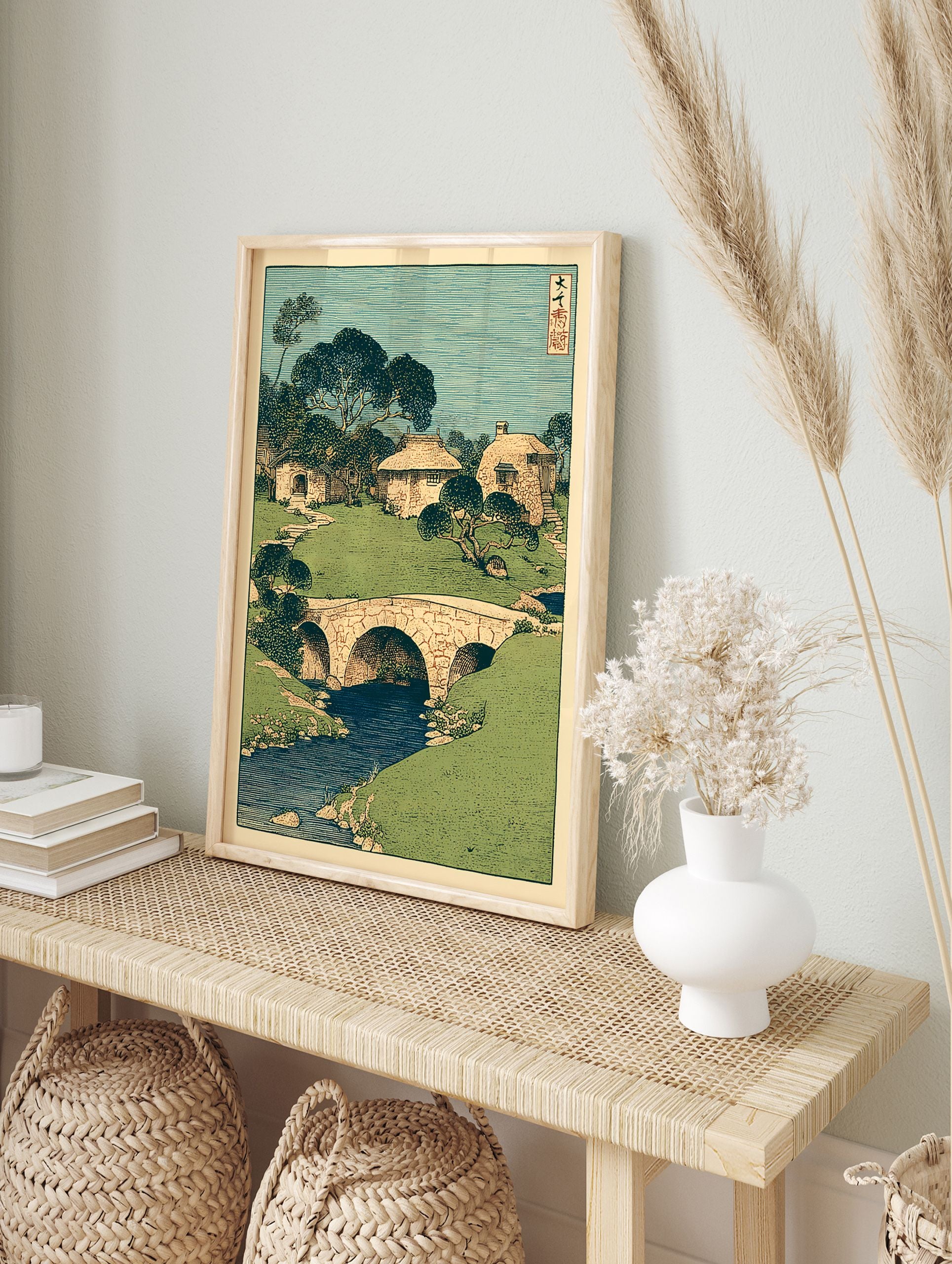 Traditional Japanese woodblock print showing a green landscape with houses, trees, a stone bridge over a blue river. - Image 3