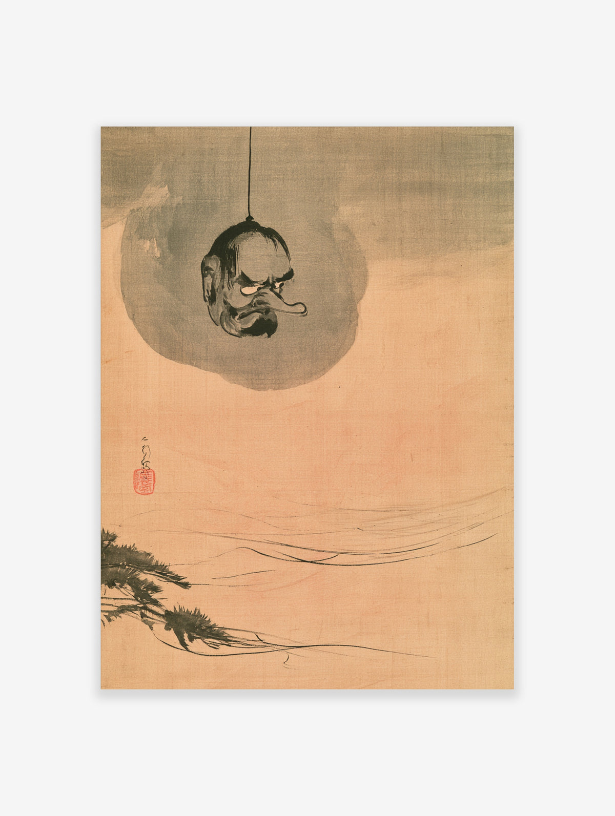 Japanese yokai art print of a hanging head with long nose and pine branch on peach background