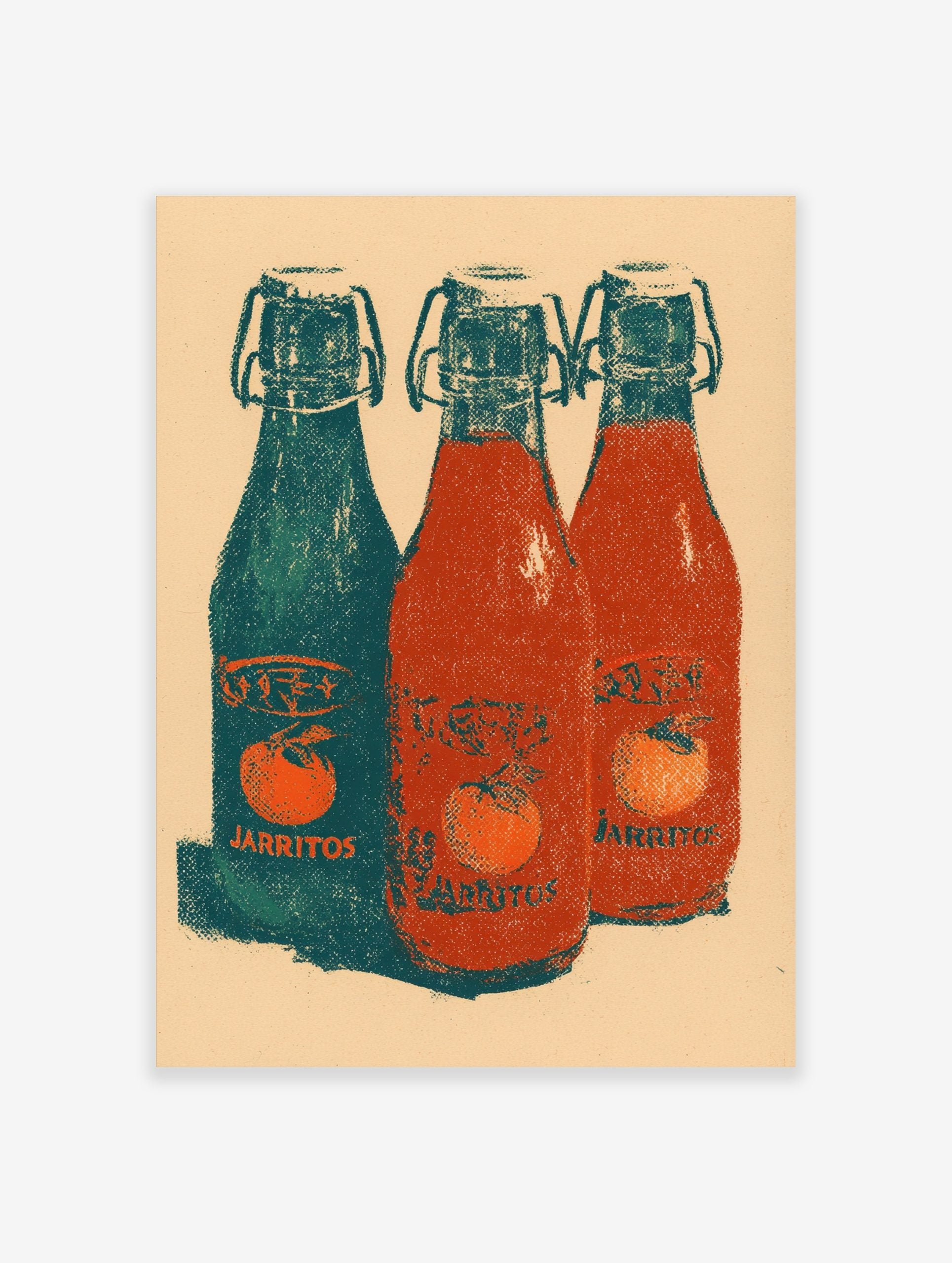 Vintage style Jarritos soda bottle print with teal and red bottles, orange fruit labels, and textured detail