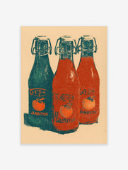 Vintage style Jarritos soda bottle print with teal and red bottles, orange fruit labels, and textured detail