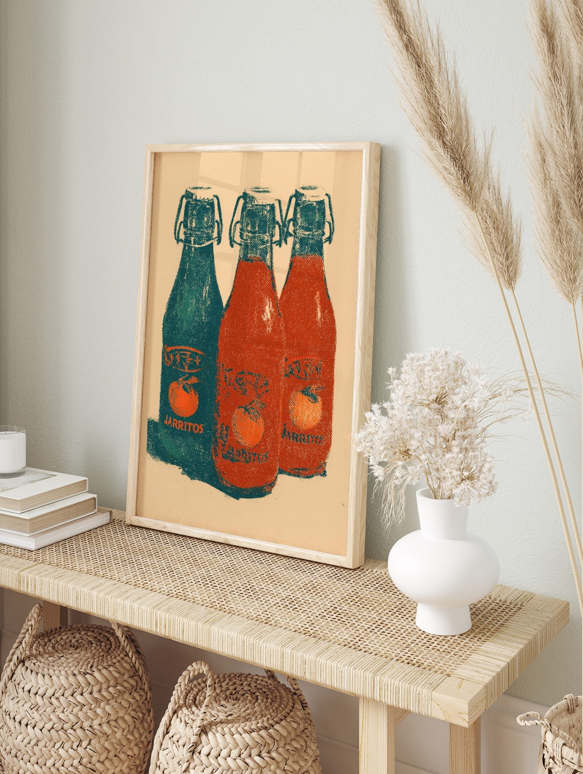 Vintage style Jarritos soda bottle print with teal and red bottles, orange fruit labels, and, in an alternate framed mockup