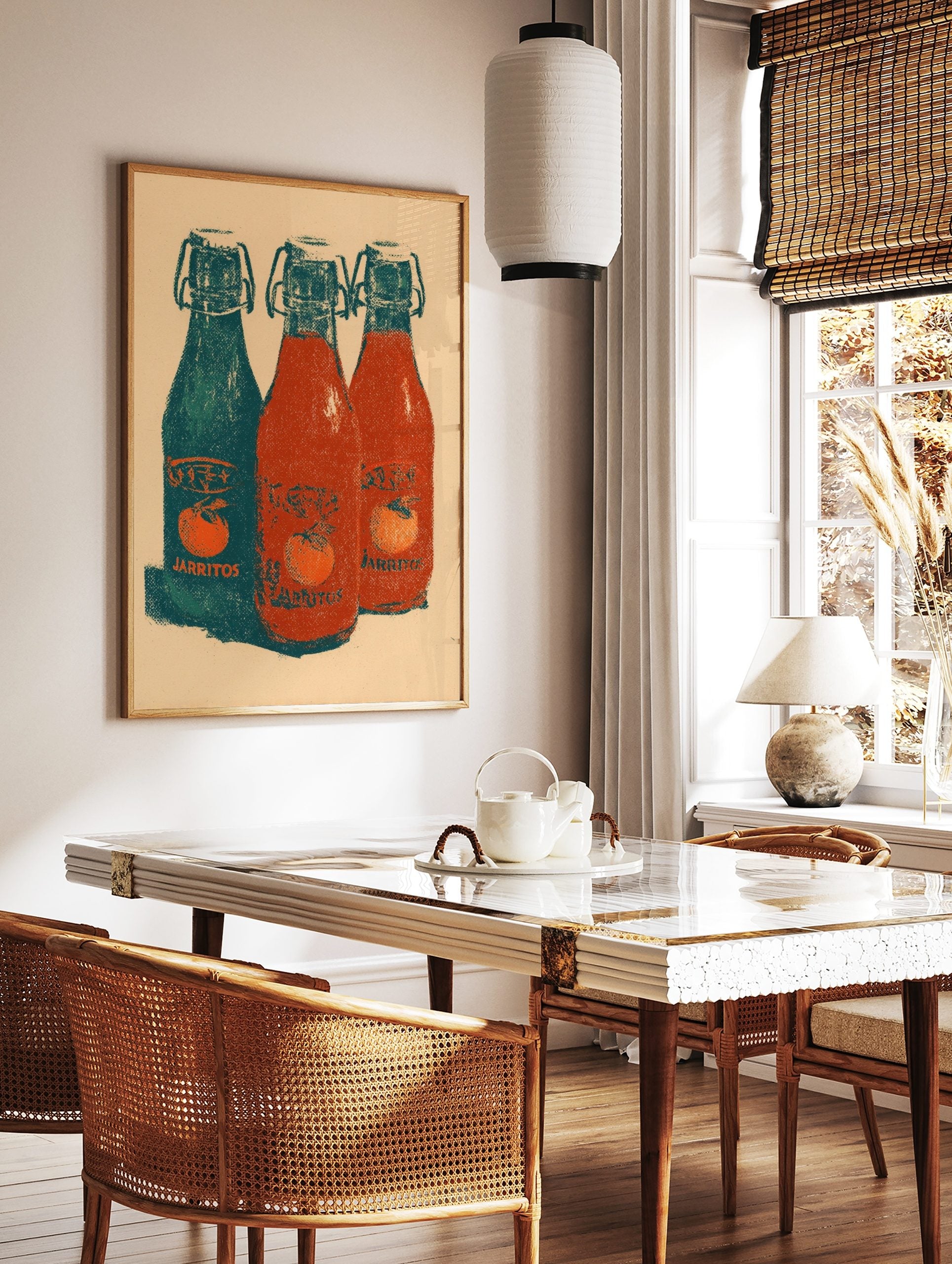 Vintage style Jarritos soda bottle print with teal and red bottles, orange fruit labels, and, in a styled room mockup