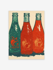 Three Jarritos soda bottles, one green and two red, with fruit motifs and 'JARIITOS' text, in a vintage print style