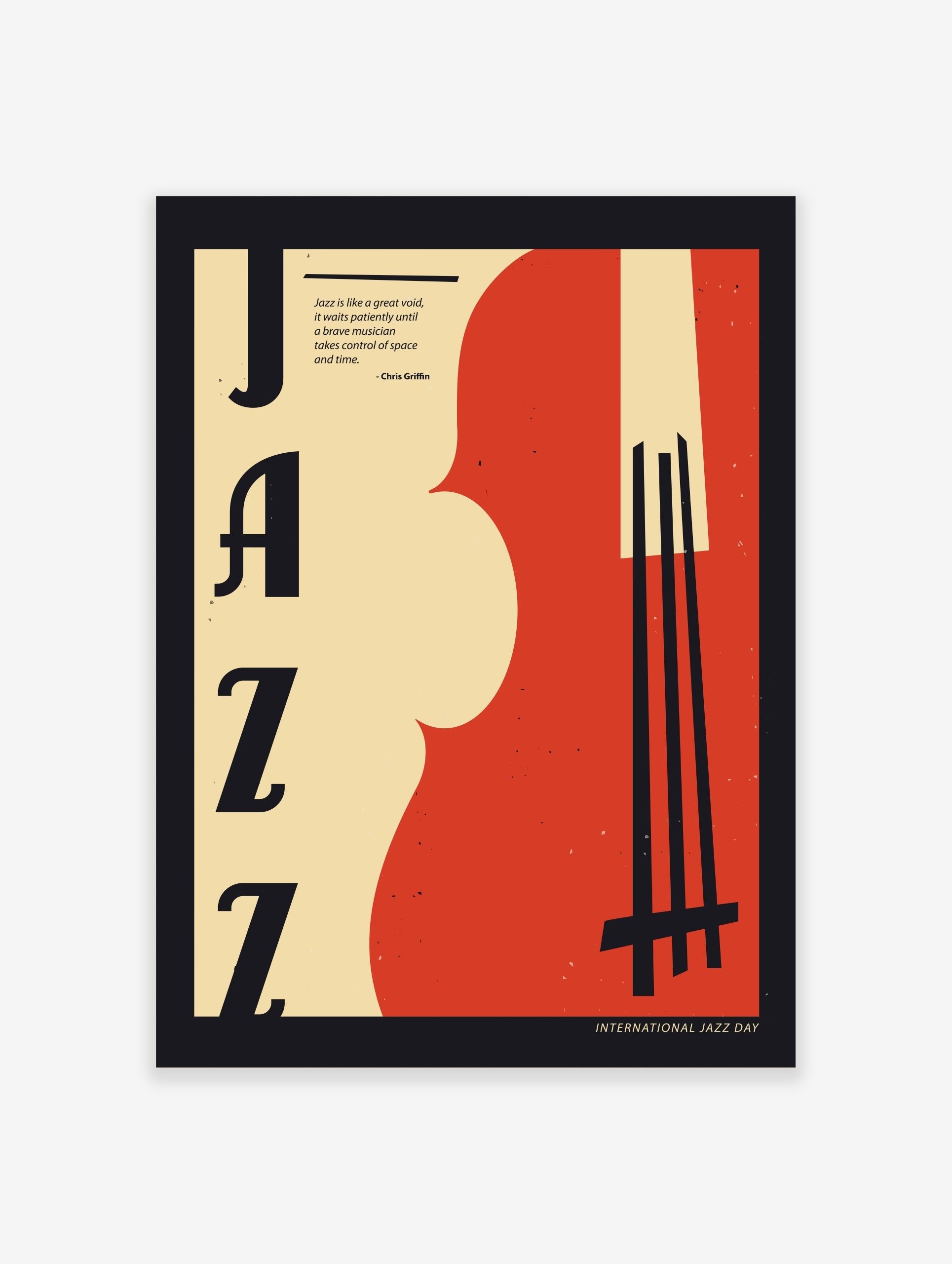 Retro Jazz art poster with large black 'JAZZ' typography, a red and beige abstract double bass, and a music quote