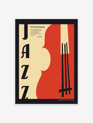 Retro Jazz art poster with large black 'JAZZ' typography, a red and beige abstract double bass, and a music quote
