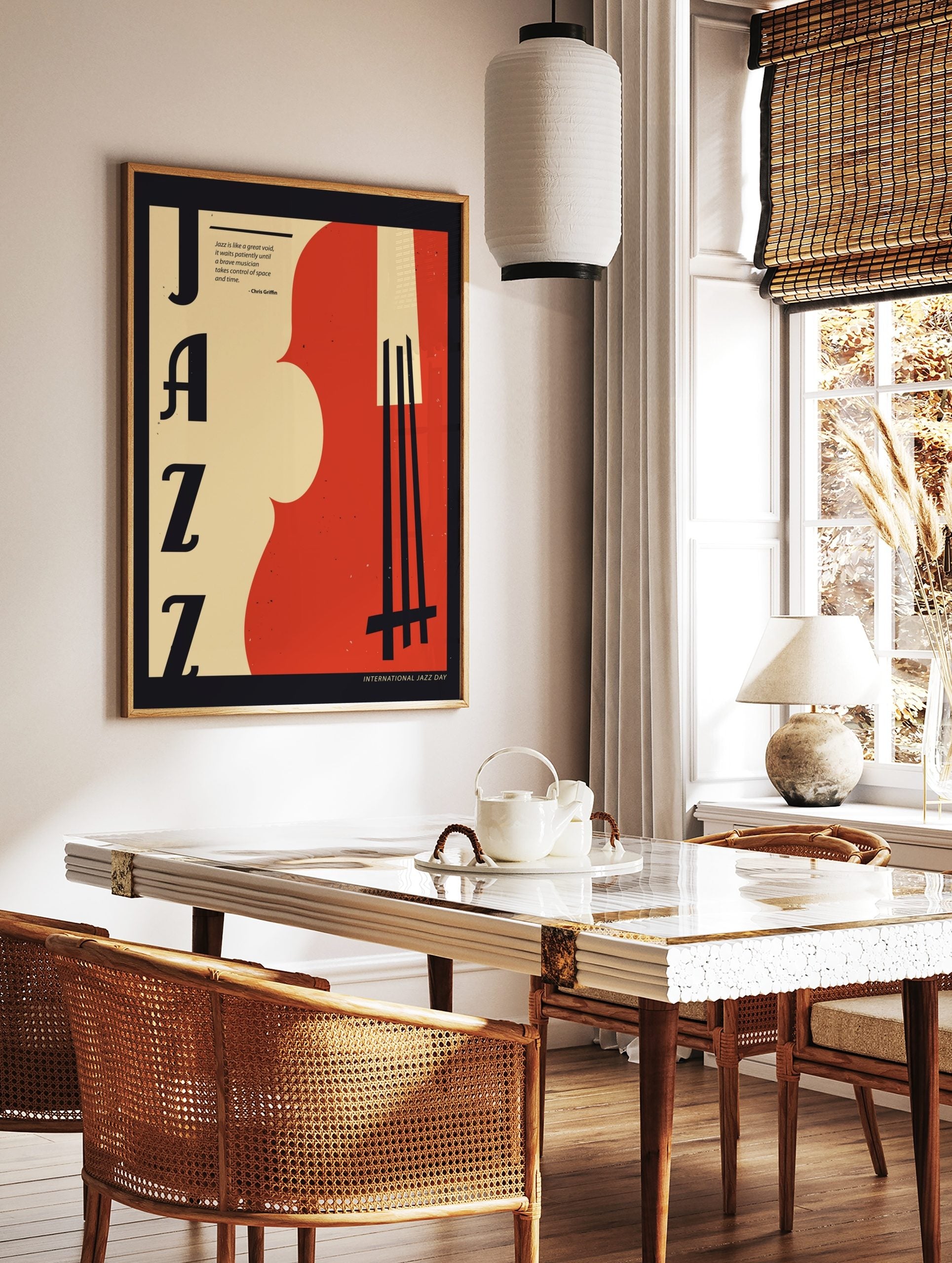 Retro Jazz art poster with large black 'JAZZ' typography, a red and beige abstract double bass, and a music quote, displayed as the same artwork in a styled poster mockup for home decor