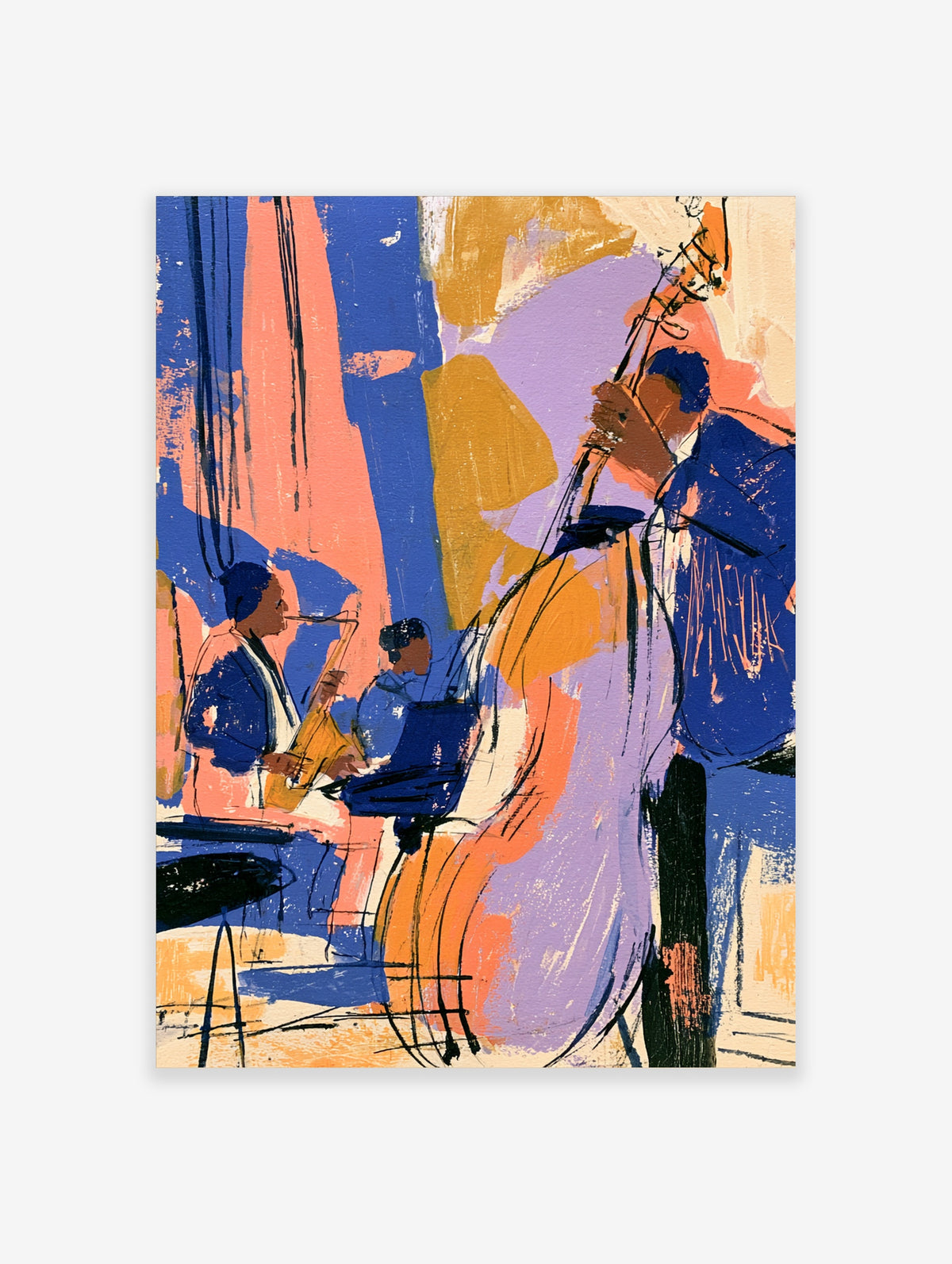 Jazz band poster with saxophonist, bassist and drummer in blue, orange and lilac abstract brushstrokes