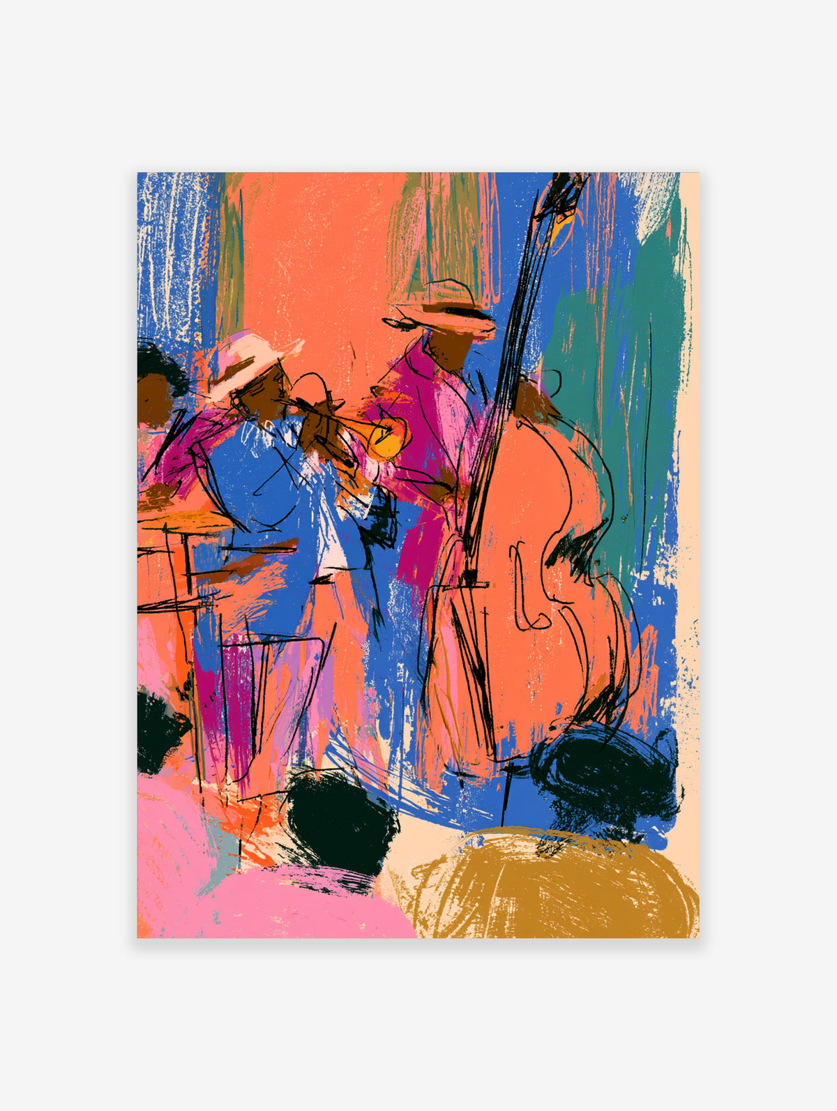 Colourful jazz band poster with saxophone and double bass players in blue, pink and orange