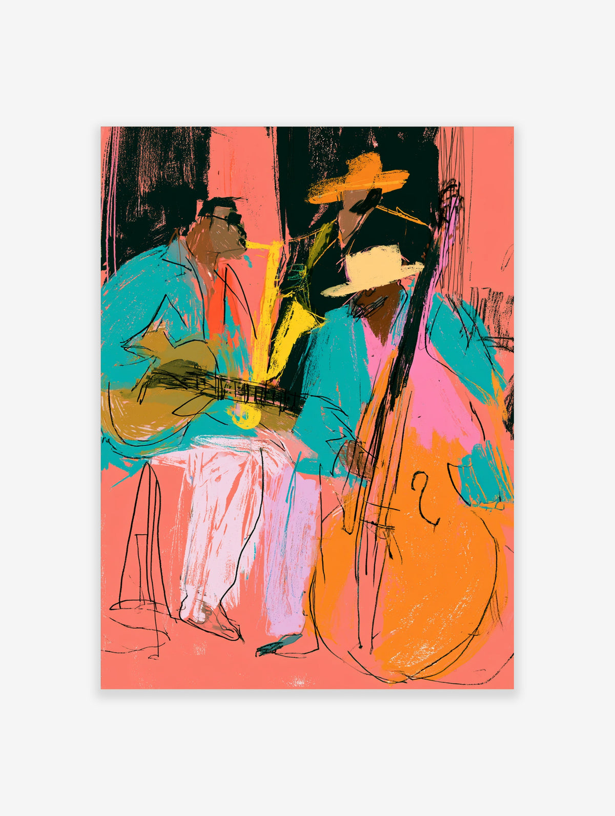 Colourful jazz band poster with three musicians playing guitar, saxophone and double bass