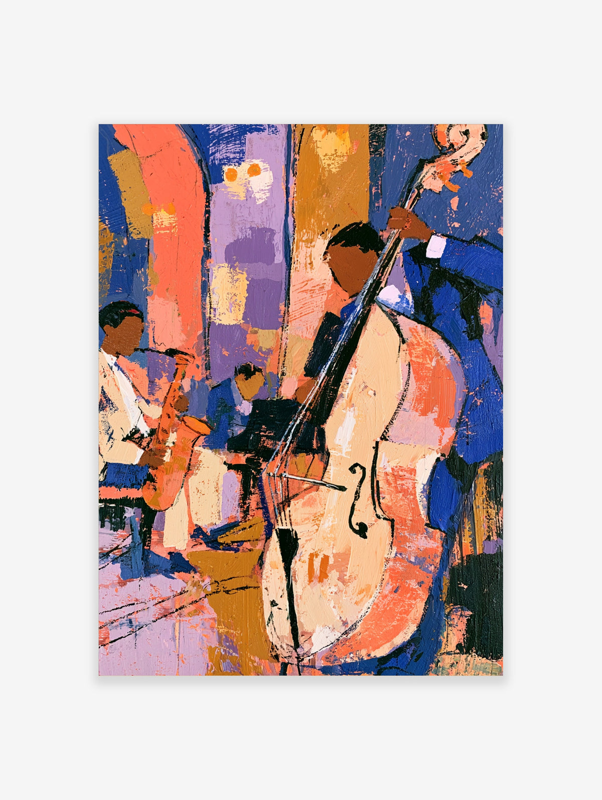 Colourful abstract jazz band poster with double bass, saxophone and piano players in orange, blue and purple