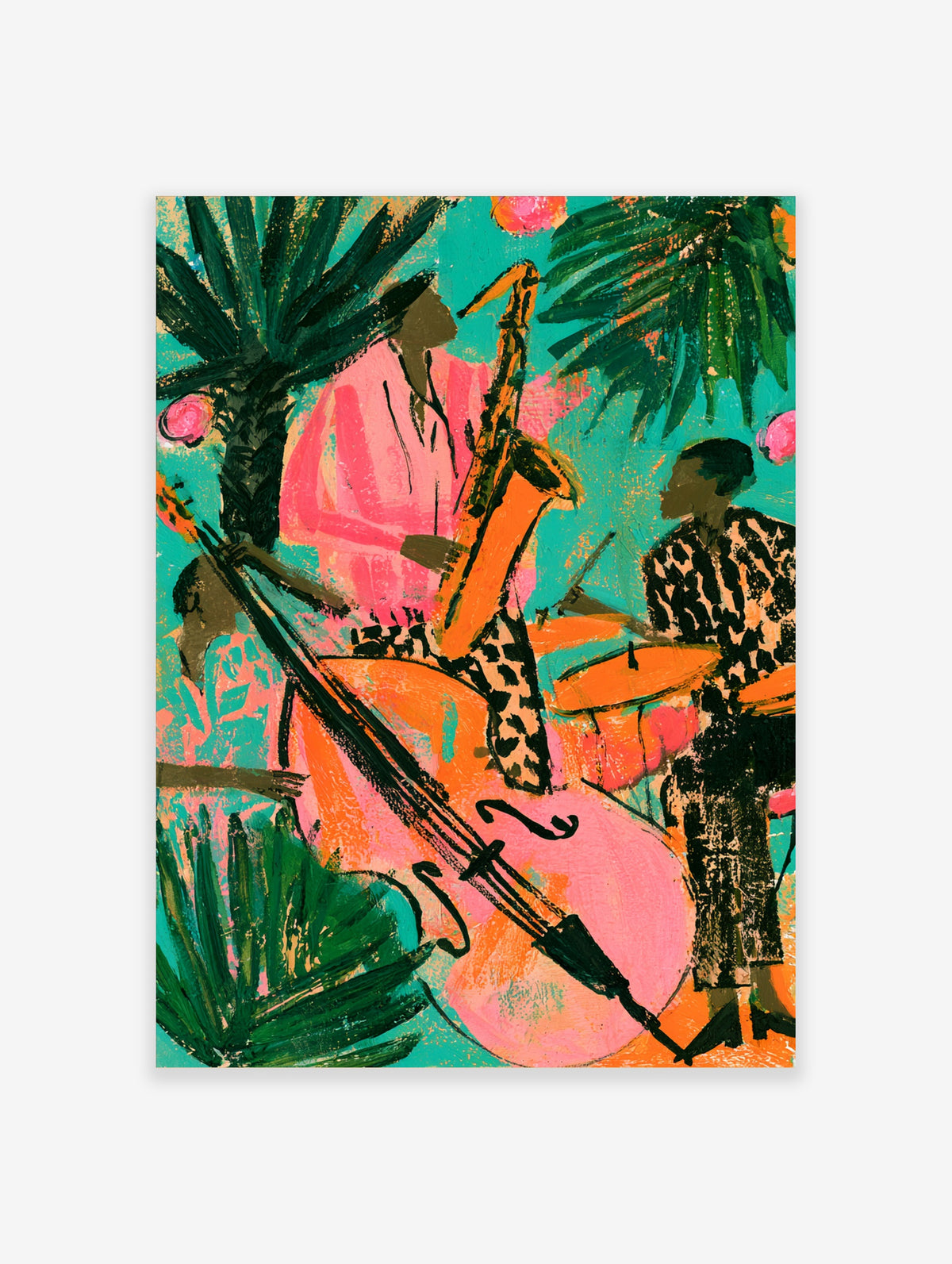 Colourful jazz band poster with saxophone, double bass and drummer among teal palm leaves