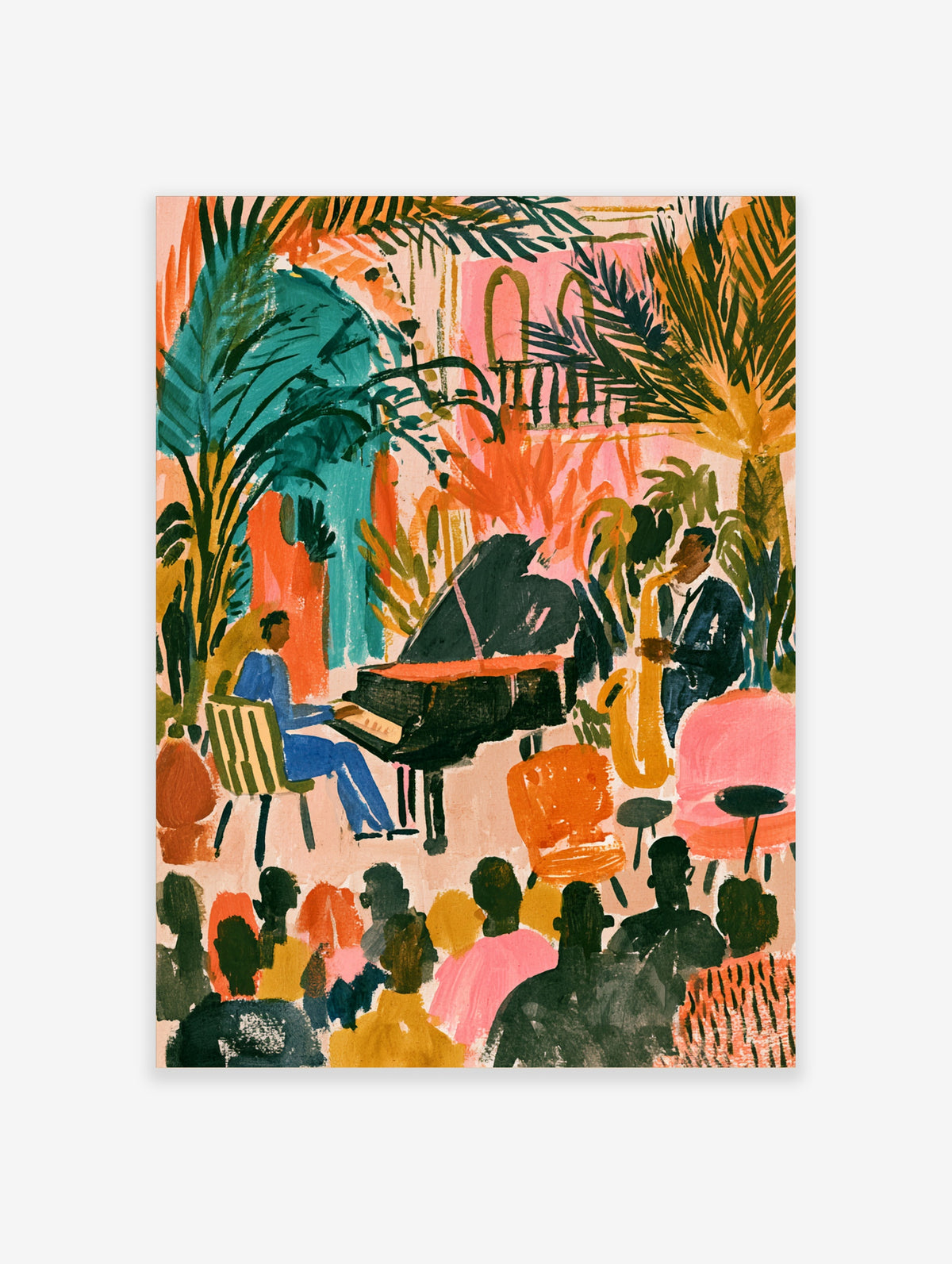 Colourful jazz band poster with pianist, saxophonist, and silhouetted crowd among tropical leaves