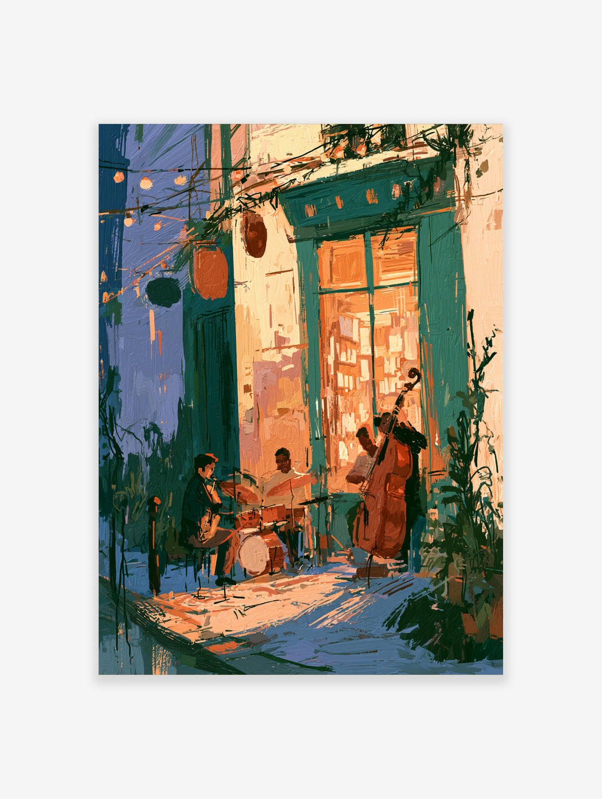 Colourful jazz band poster showing double bass, drums and guitar outside a lit doorway
