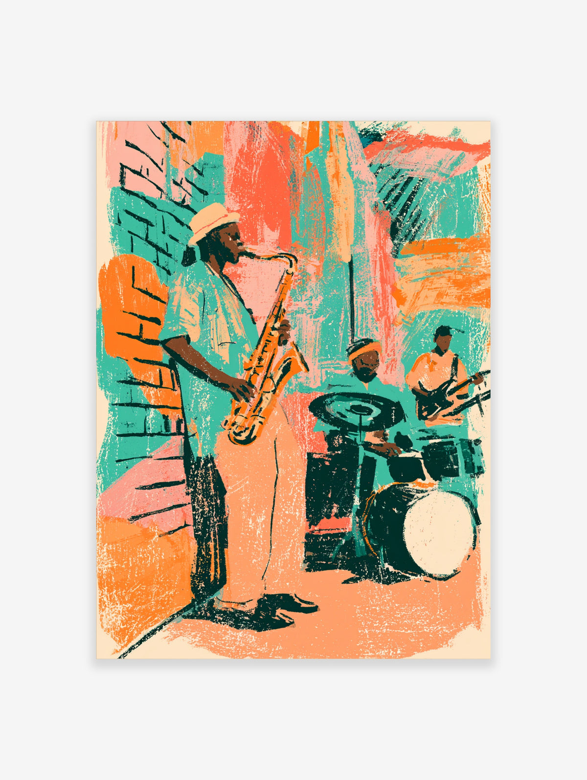 Colourful jazz band poster with saxophonist, drummer and guitarist in teal and orange