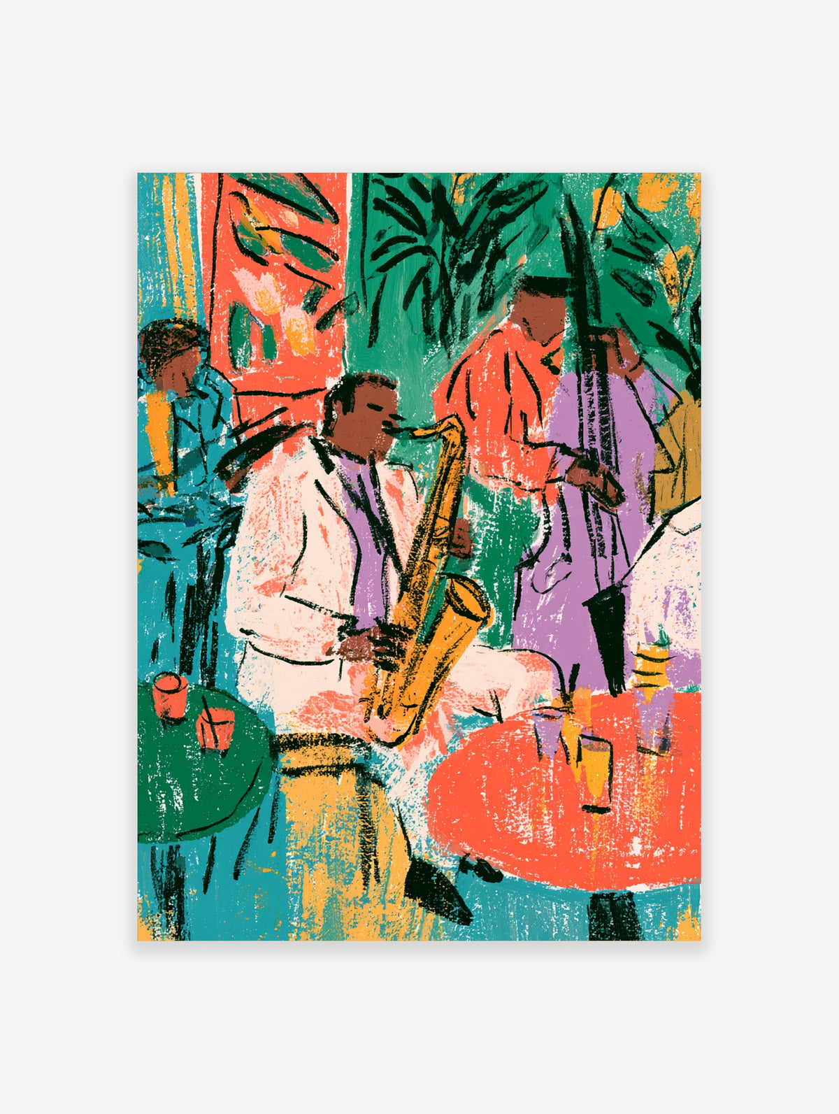 Colourful jazz band poster with saxophonist, trumpet player and bassist against green foliage and red tables