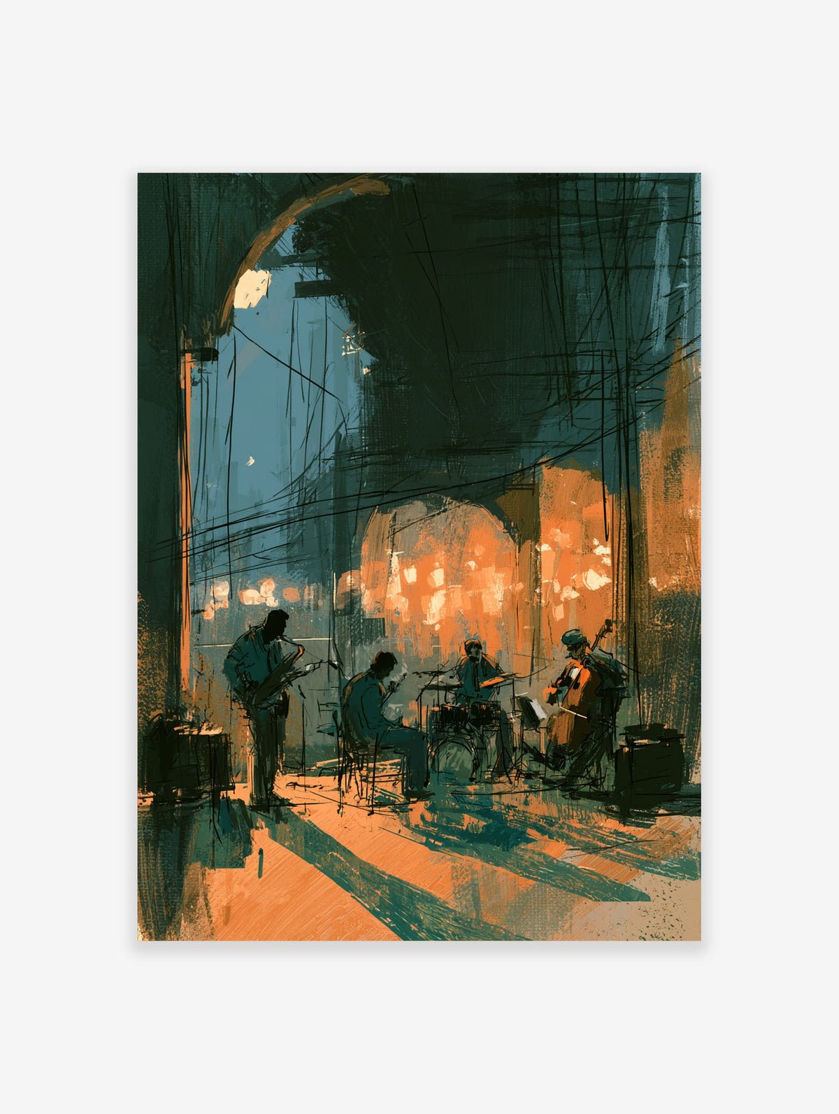 Jazz band poster with saxophonist, guitarist, drummer and double bass under an arch, teal and orange