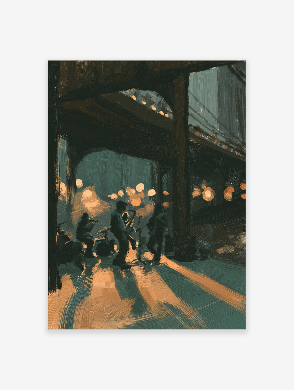 Jazz band poster of silhouetted musicians under a bridge with orange lights and teal shadows