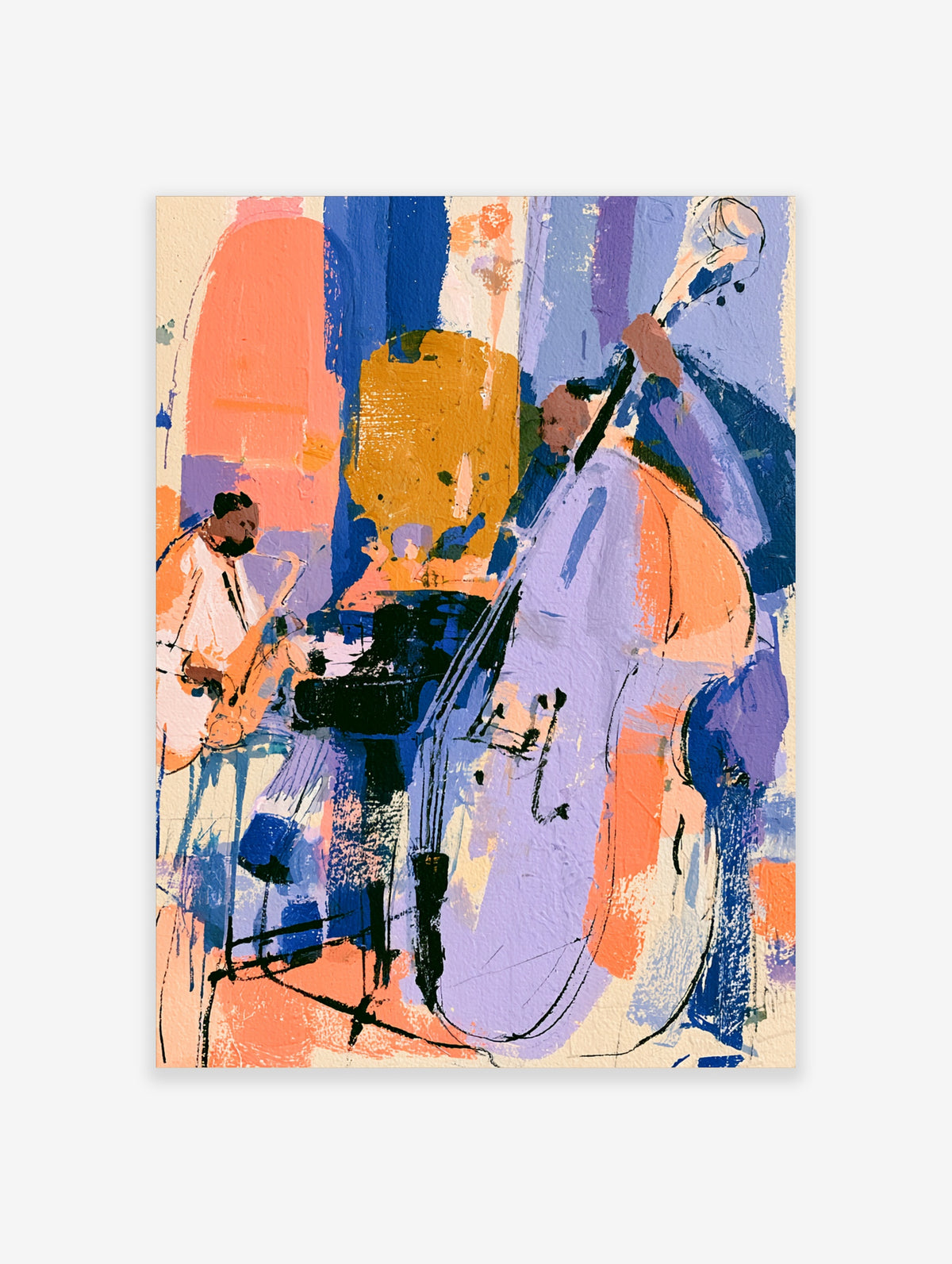 Abstract jazz band art print with double bass, guitar, and piano in blue, orange, and yellow