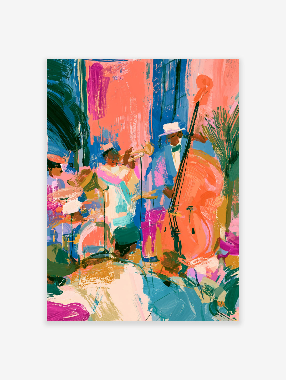 Colourful jazz band poster with trumpet, double bass and drums in pink, orange and blue brushstrokes