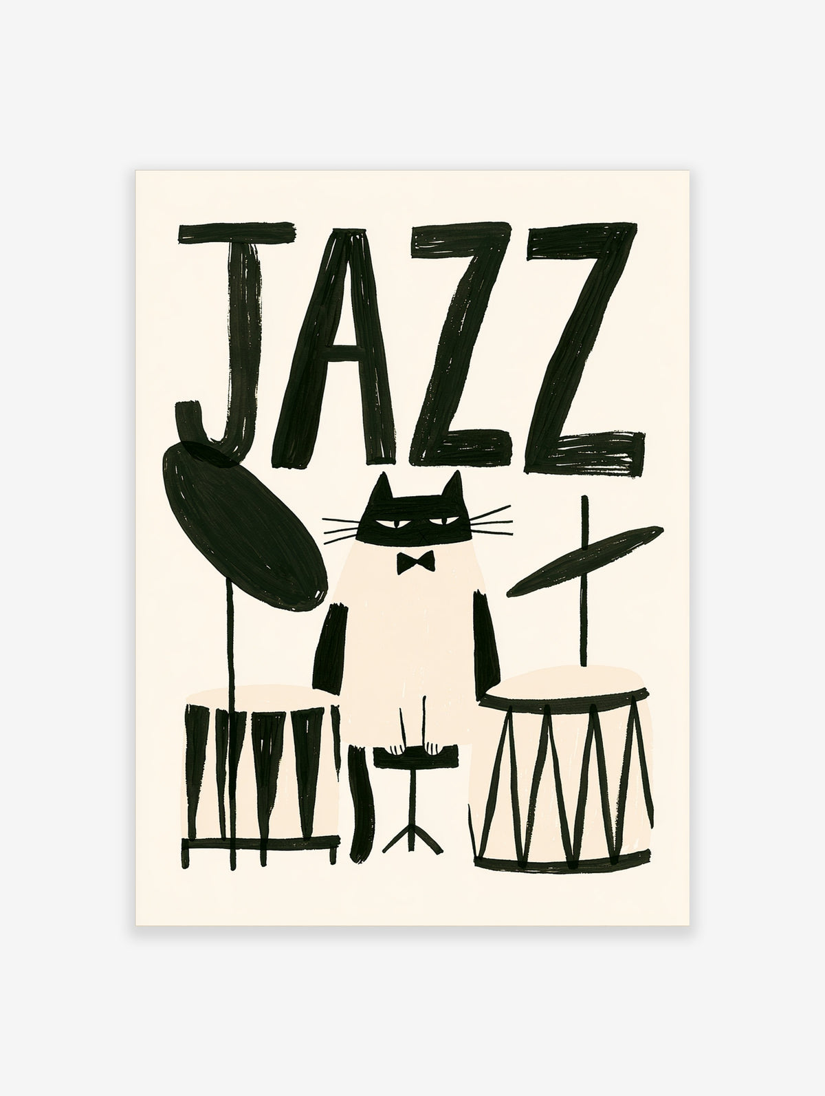 Black and white cat in bow tie behind drum kit under JAZZ text poster