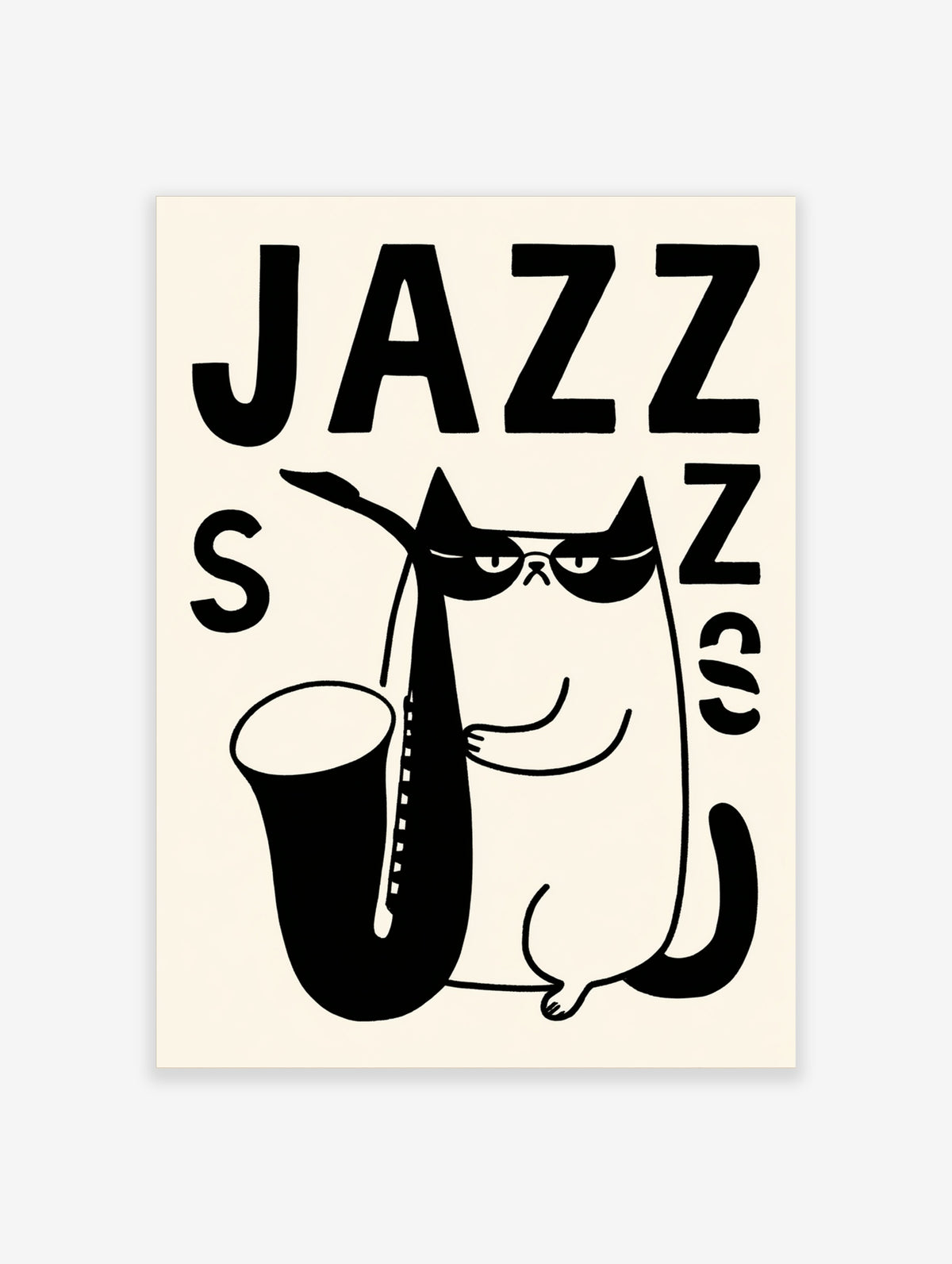 Black and white jazz cat poster with saxophone and bold JAZZ typography on cream background