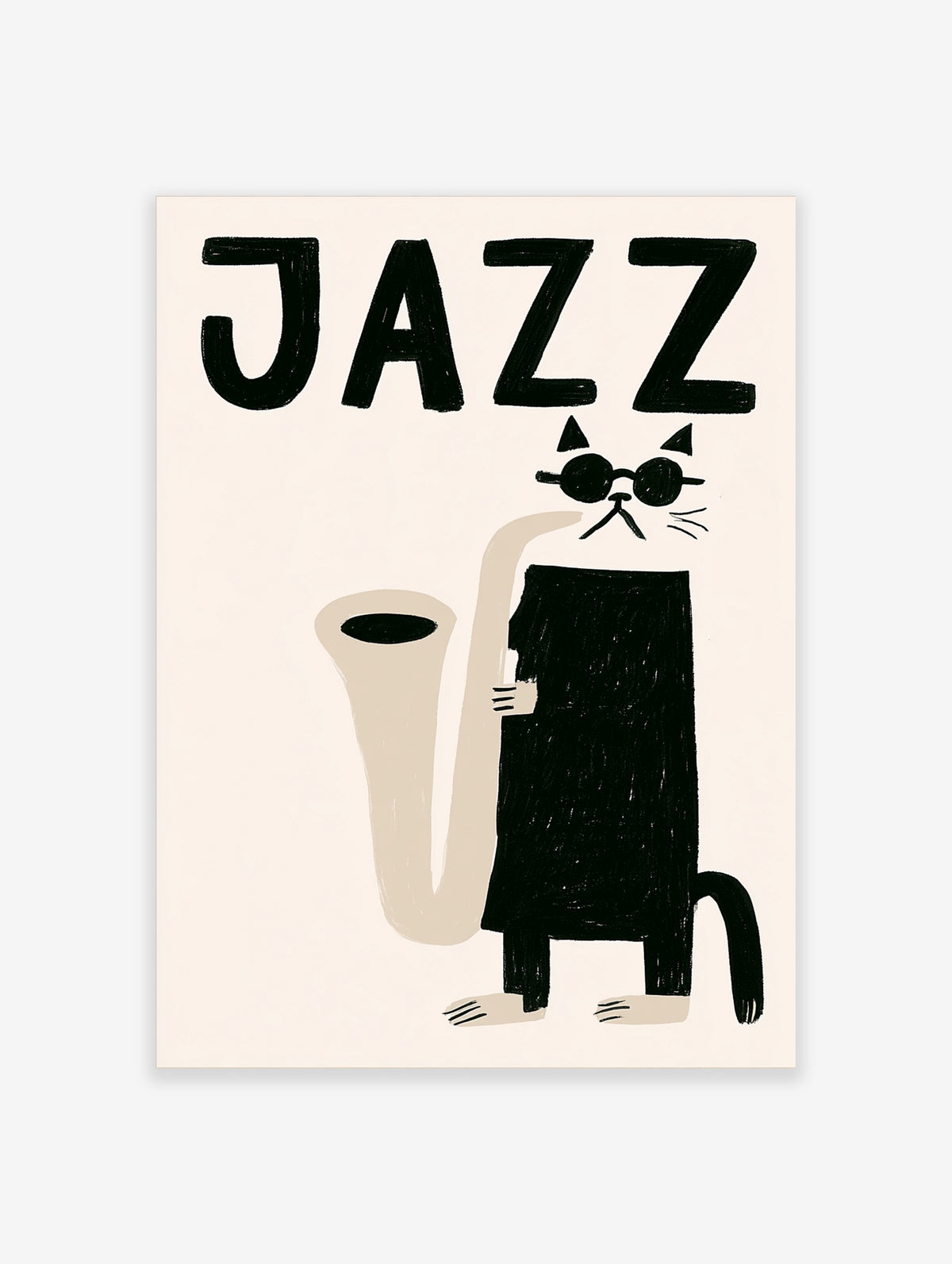 Black cat in sunglasses playing tuba under JAZZ text, cream background, jazz poster