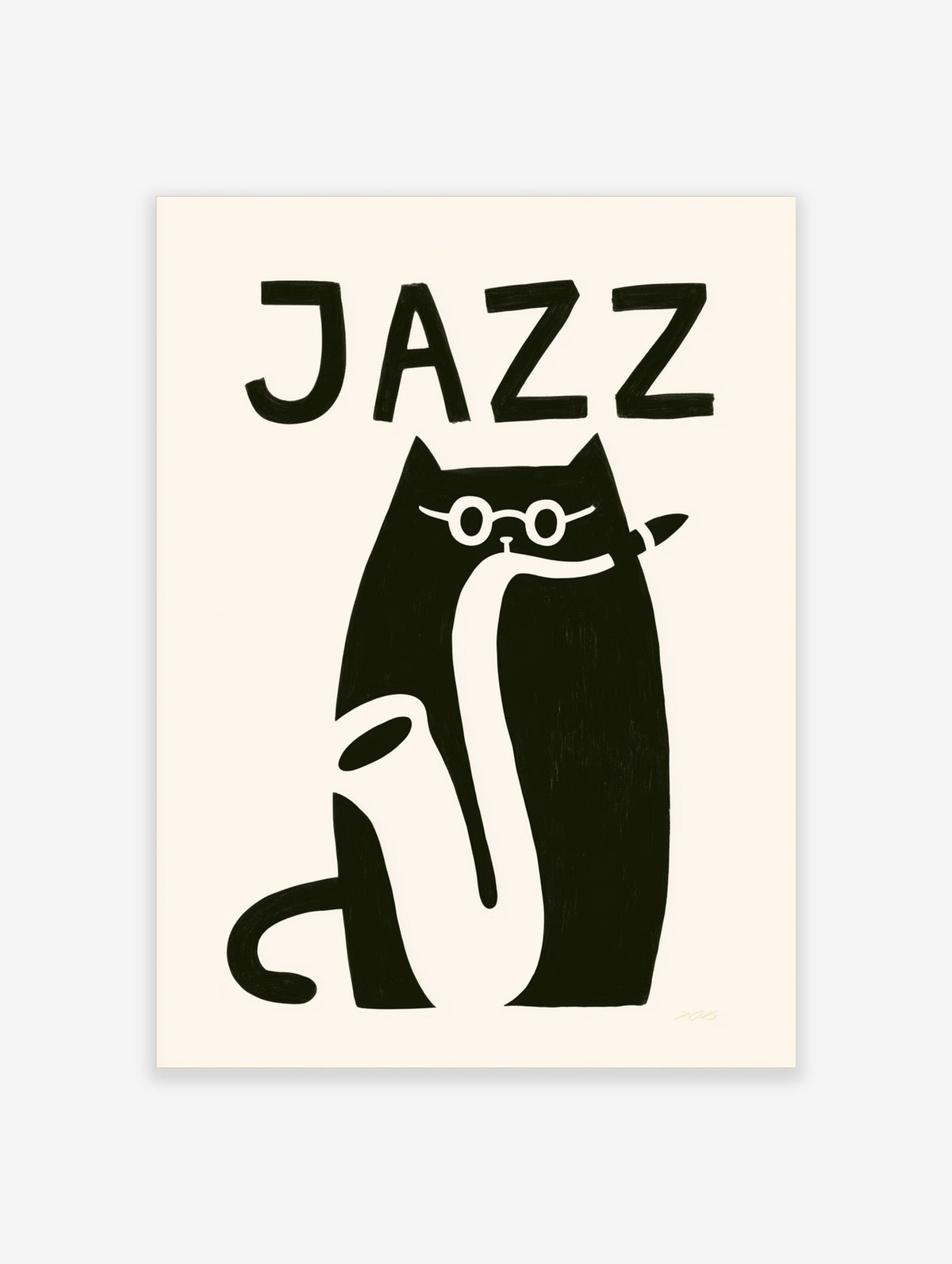 Black cat with round glasses holding a saxophone below bold JAZZ lettering on a cream background