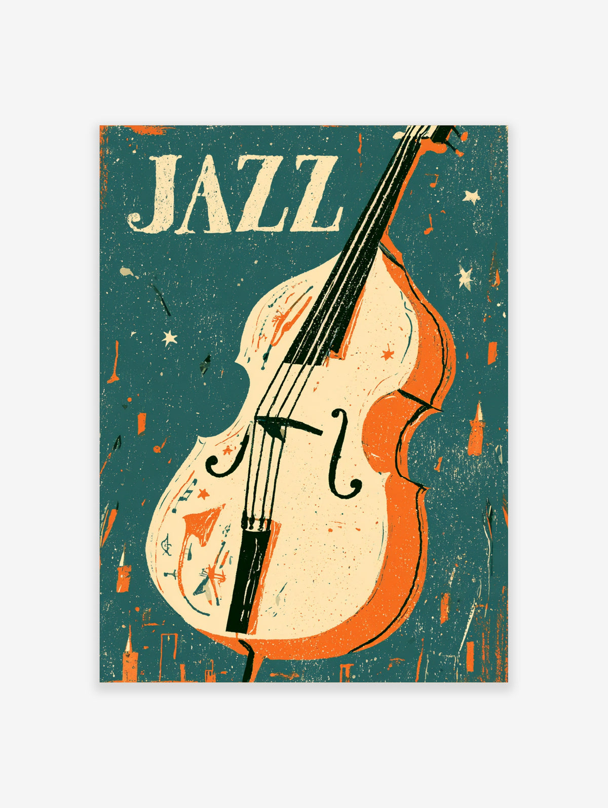 Jazz double bass poster with bold JAZZ text, orange and cream instrument on teal background