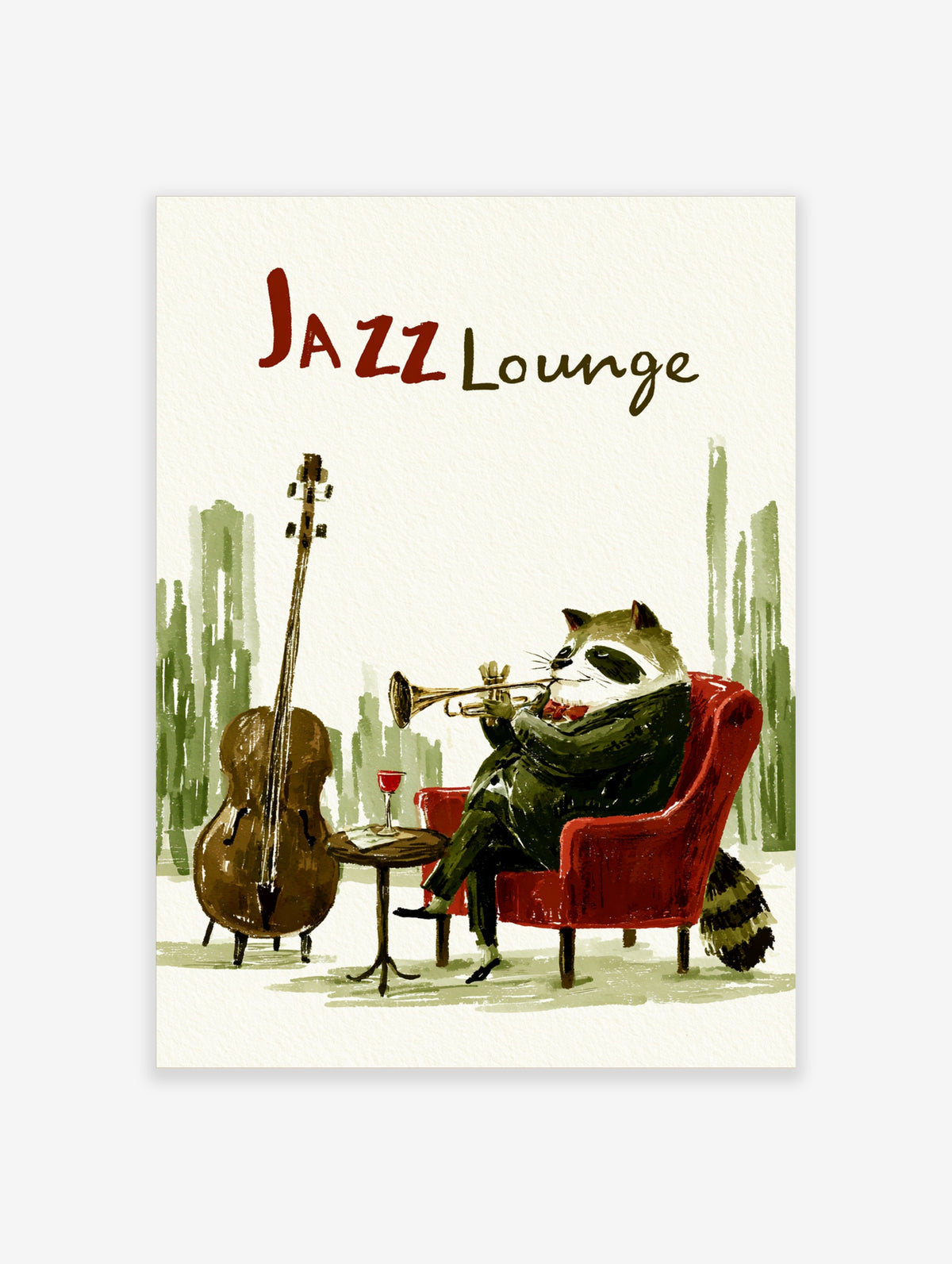 Jazz lounge raccoon wall art illustration of a raccoon playing a trumpet in a red chair with a double bass